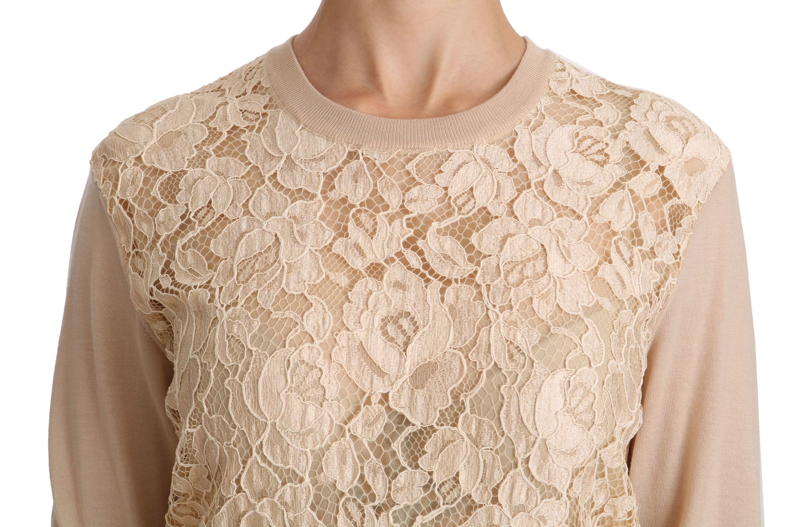 Dolce & Gabbana Elegant Beige Lace Crew Neck Cashmere Women's Blouse