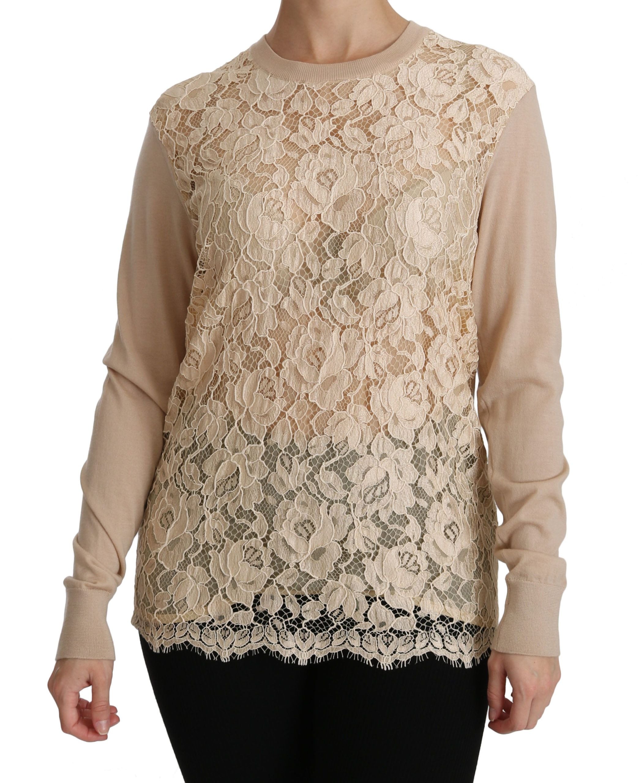 Dolce & Gabbana Elegant Beige Lace Crew Neck Cashmere Women's Blouse