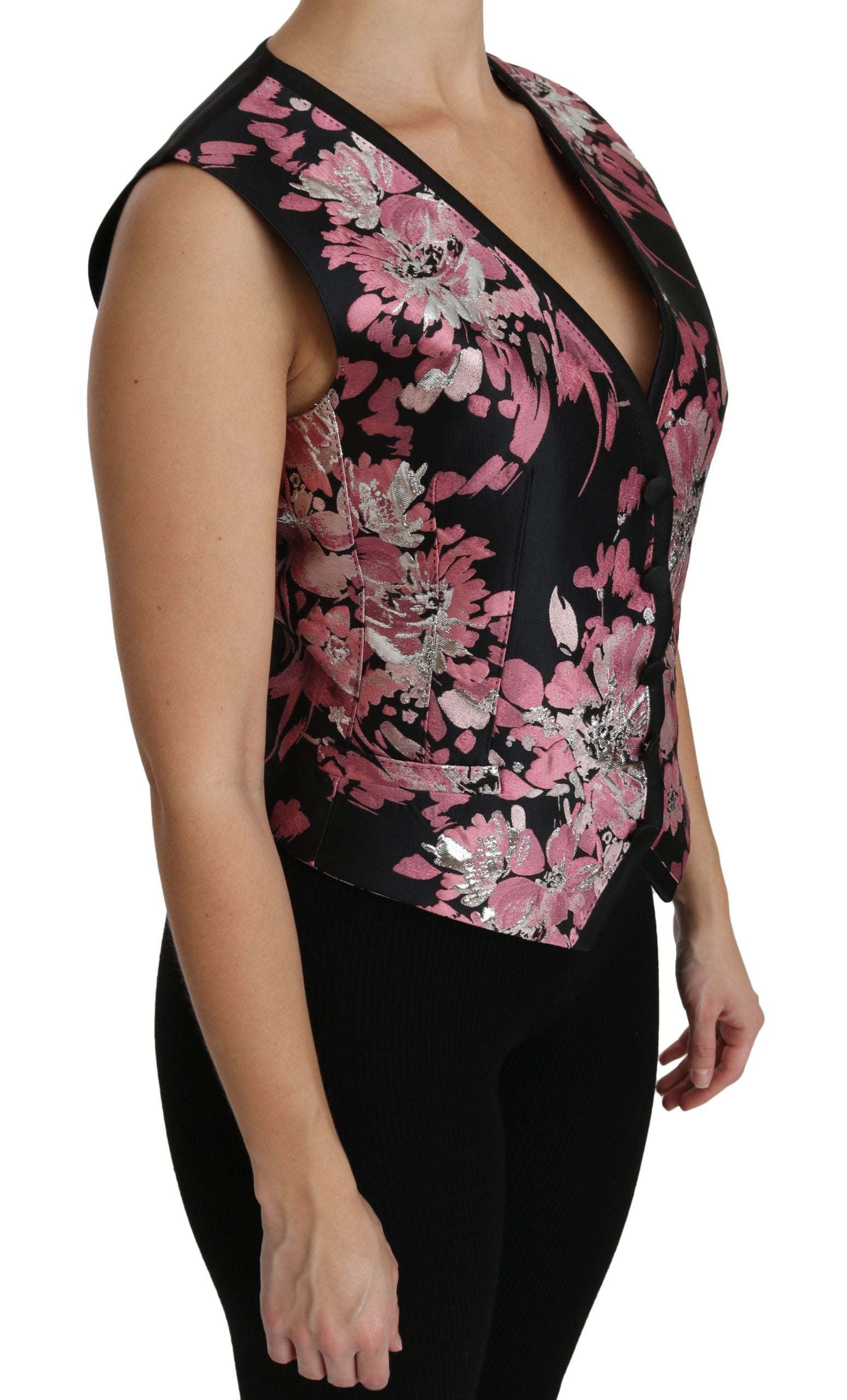 Dolce & Gabbana Black Pink Floral Waistcoat Vest Blouse Women's Top