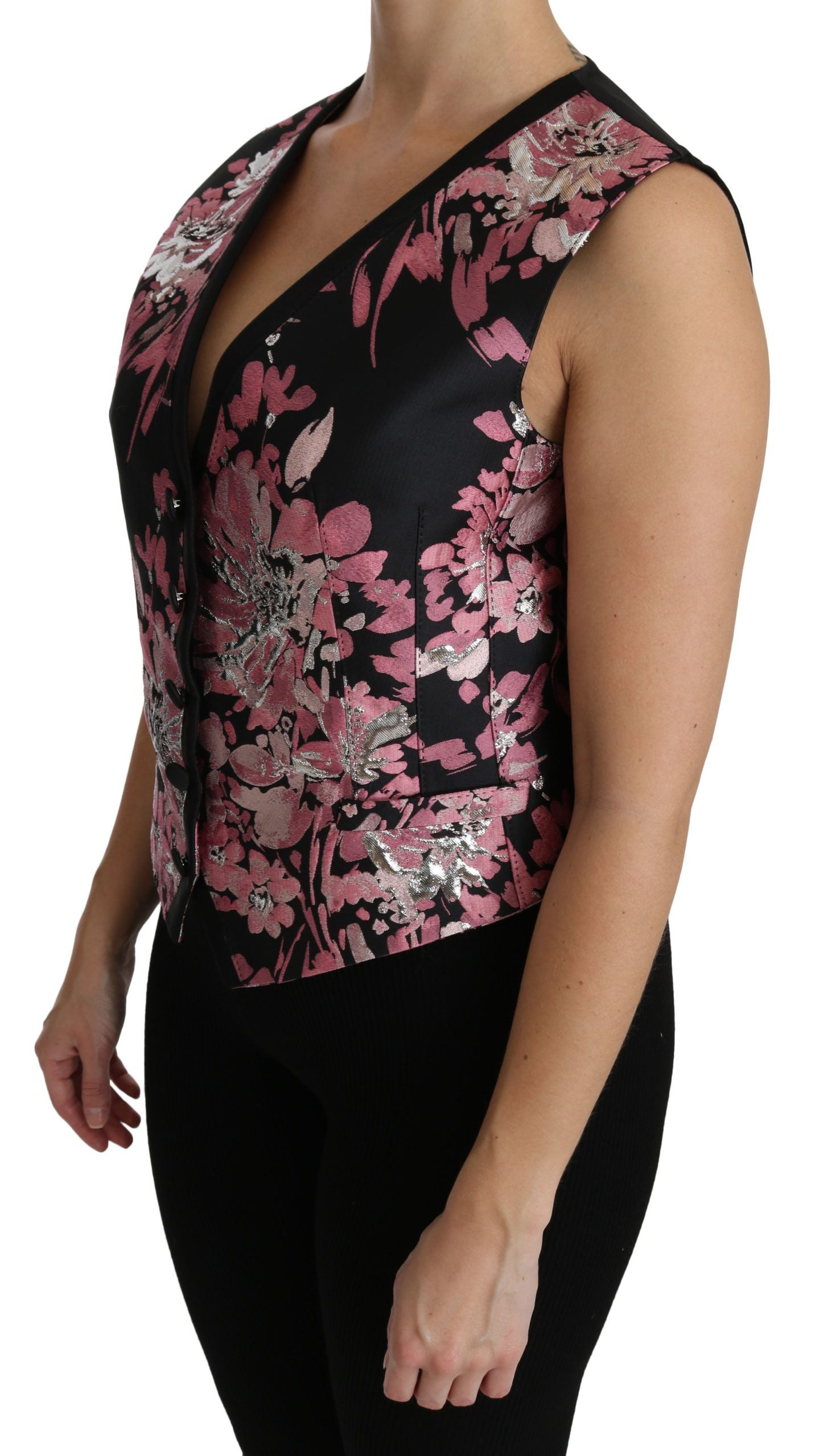 Dolce & Gabbana Black Pink Floral Waistcoat Vest Blouse Women's Top