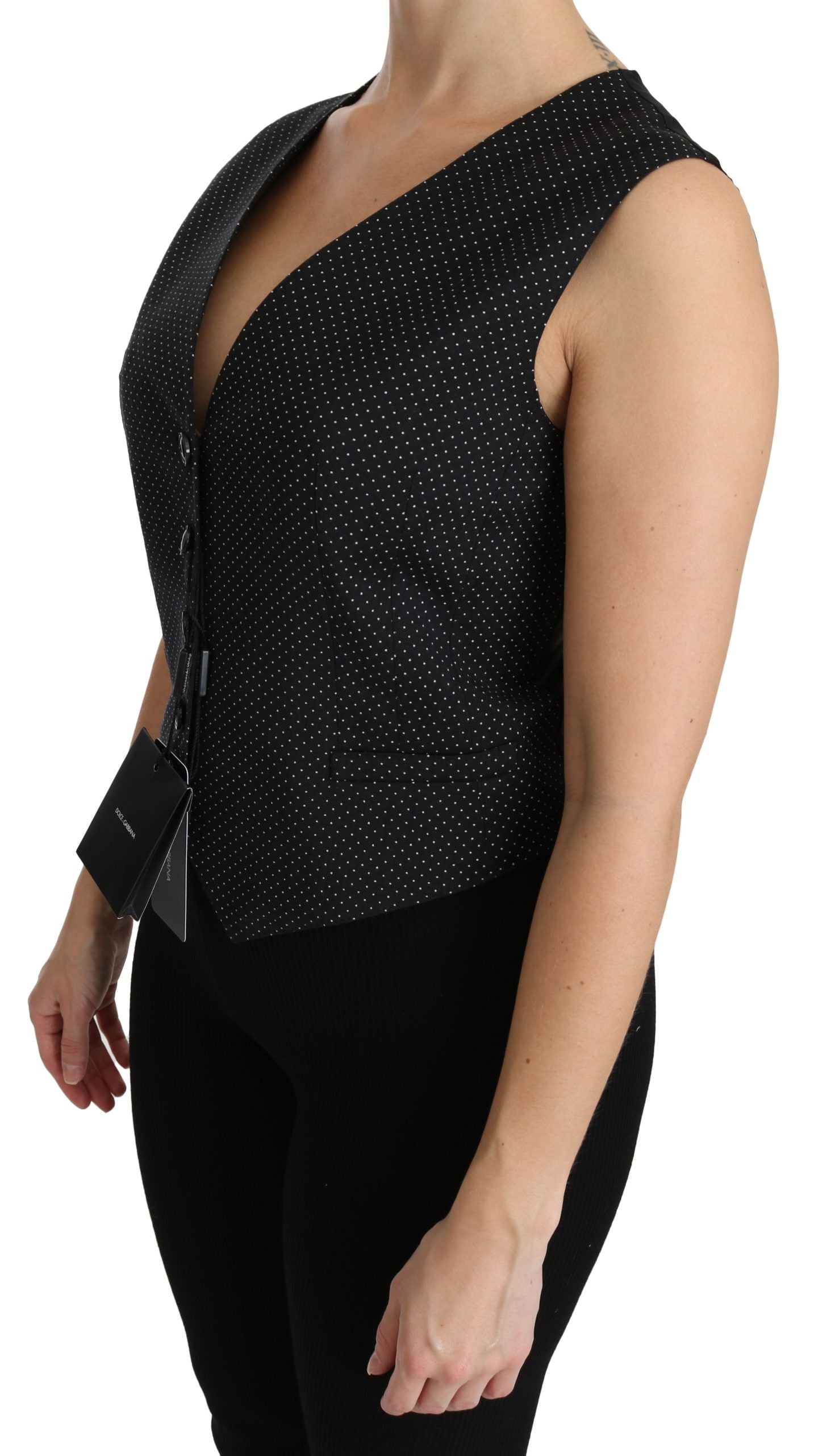 Dolce & Gabbana Black Dotted Waistcoat Vest Blouse Women's Top