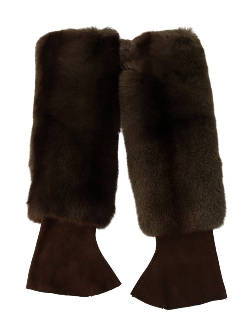 Dolce & Gabbana Elegant Brown Fur & Leather Elbow-Length Women's Gloves