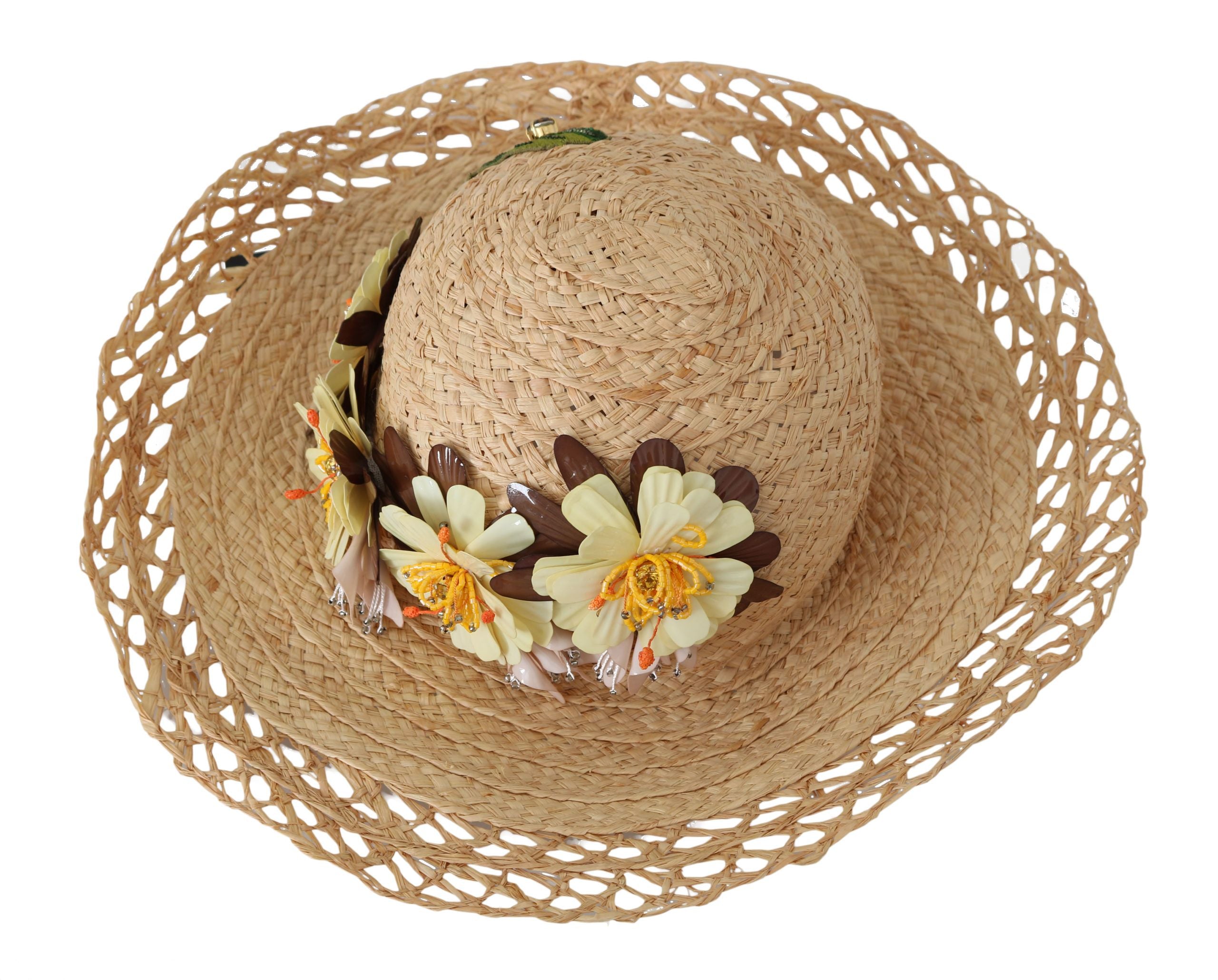 Dolce & Gabbana Beige Wide Brim Floral Bucket Capello Women's Hat