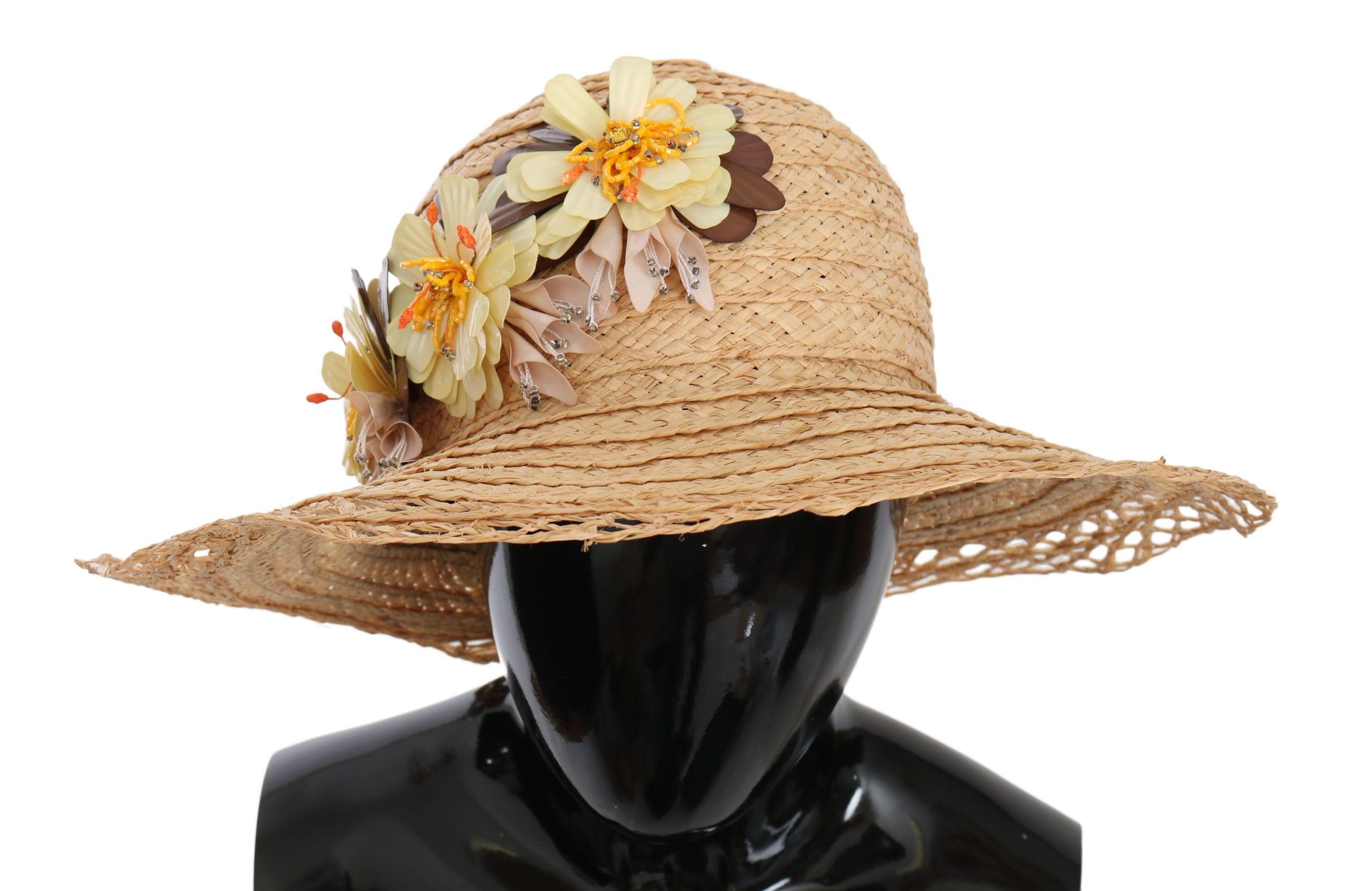 Dolce & Gabbana Beige Wide Brim Floral Bucket Capello Women's Hat