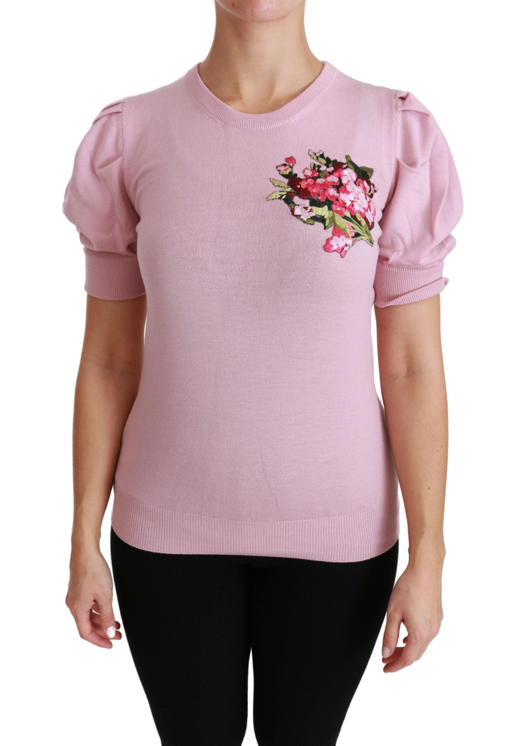 Dolce & Gabbana Pink Floral Embroidered Blouse Wool Women's Top