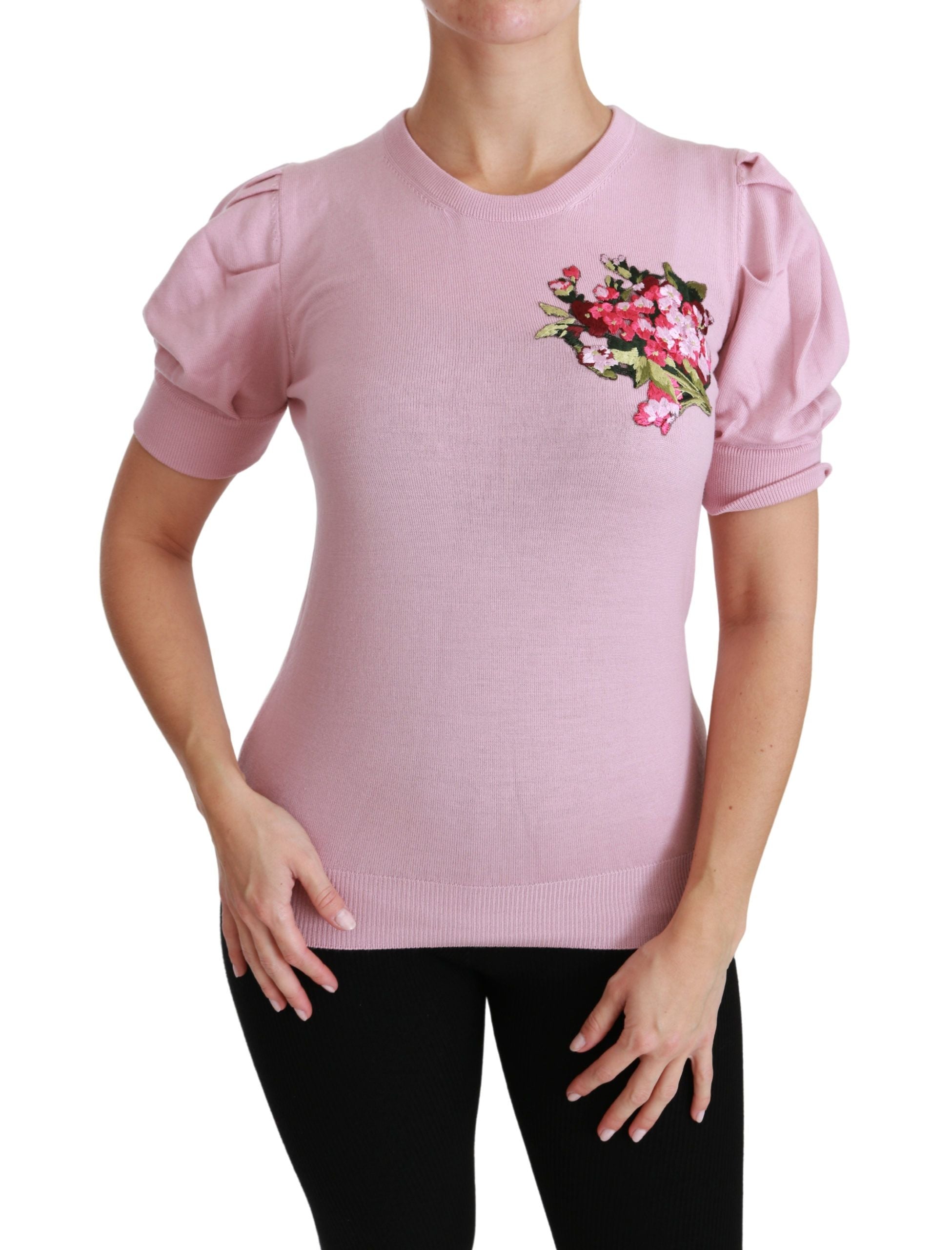 Dolce & Gabbana Pink Floral Embroidered Blouse Wool Women's Top
