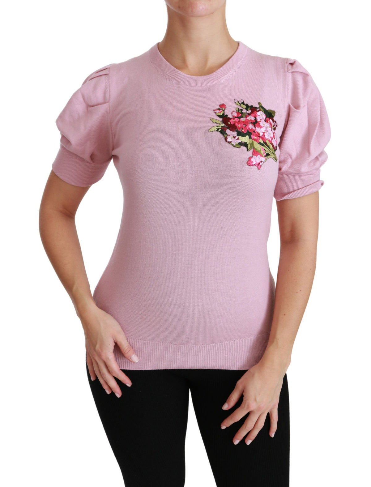 Dolce & Gabbana Pink Floral Embroidered Blouse Wool Women's Top