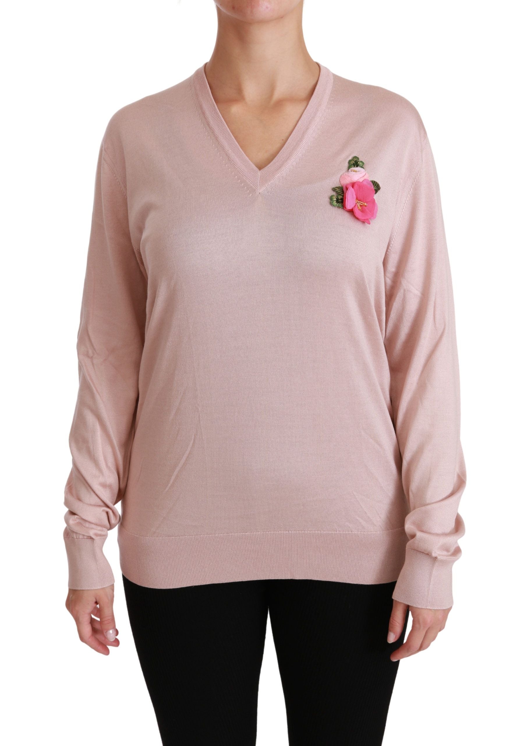 Dolce & Gabbana Pink Floral Silk V-Neck Women's Sweater