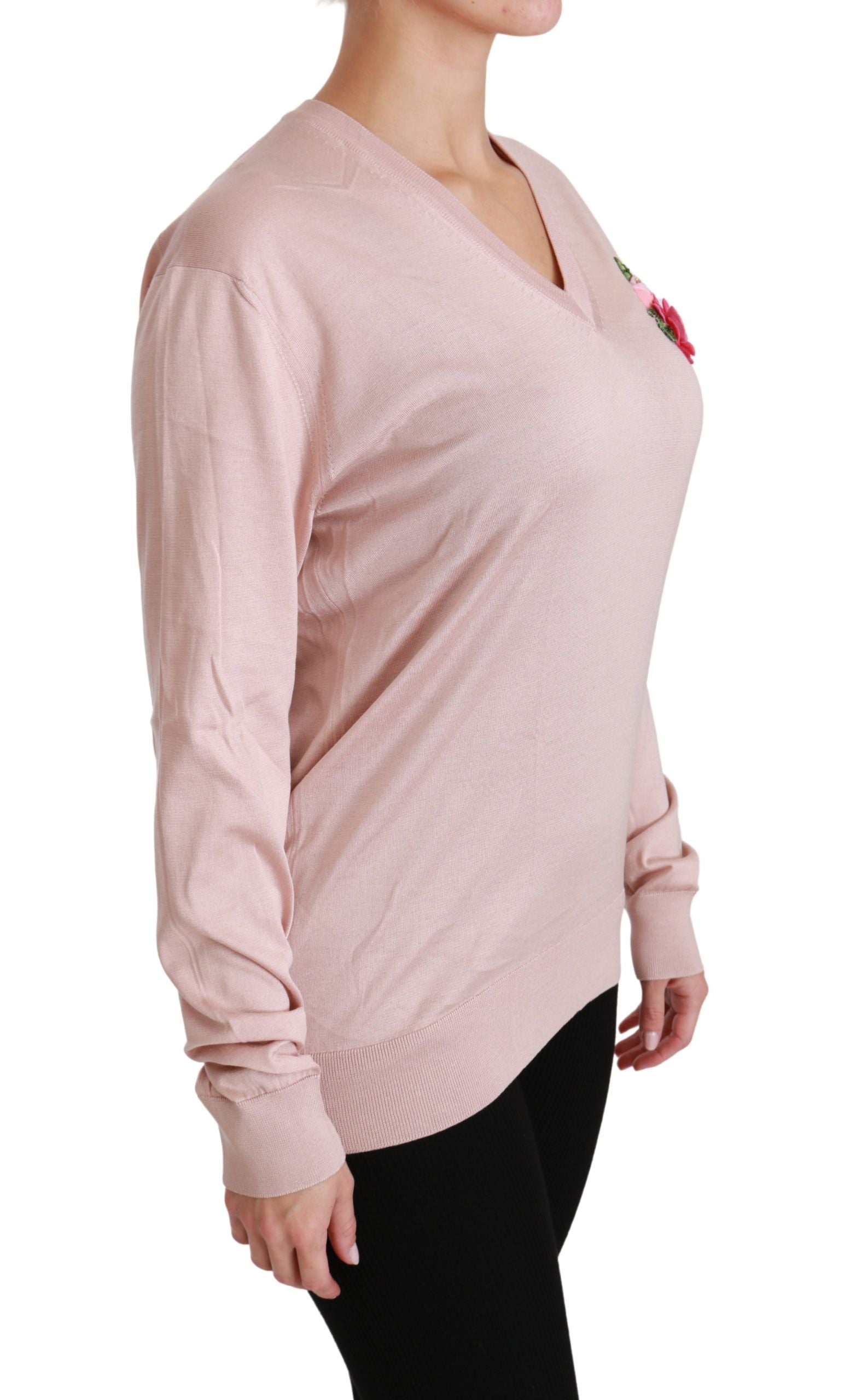 Dolce & Gabbana Pink Floral Silk V-Neck Women's Sweater