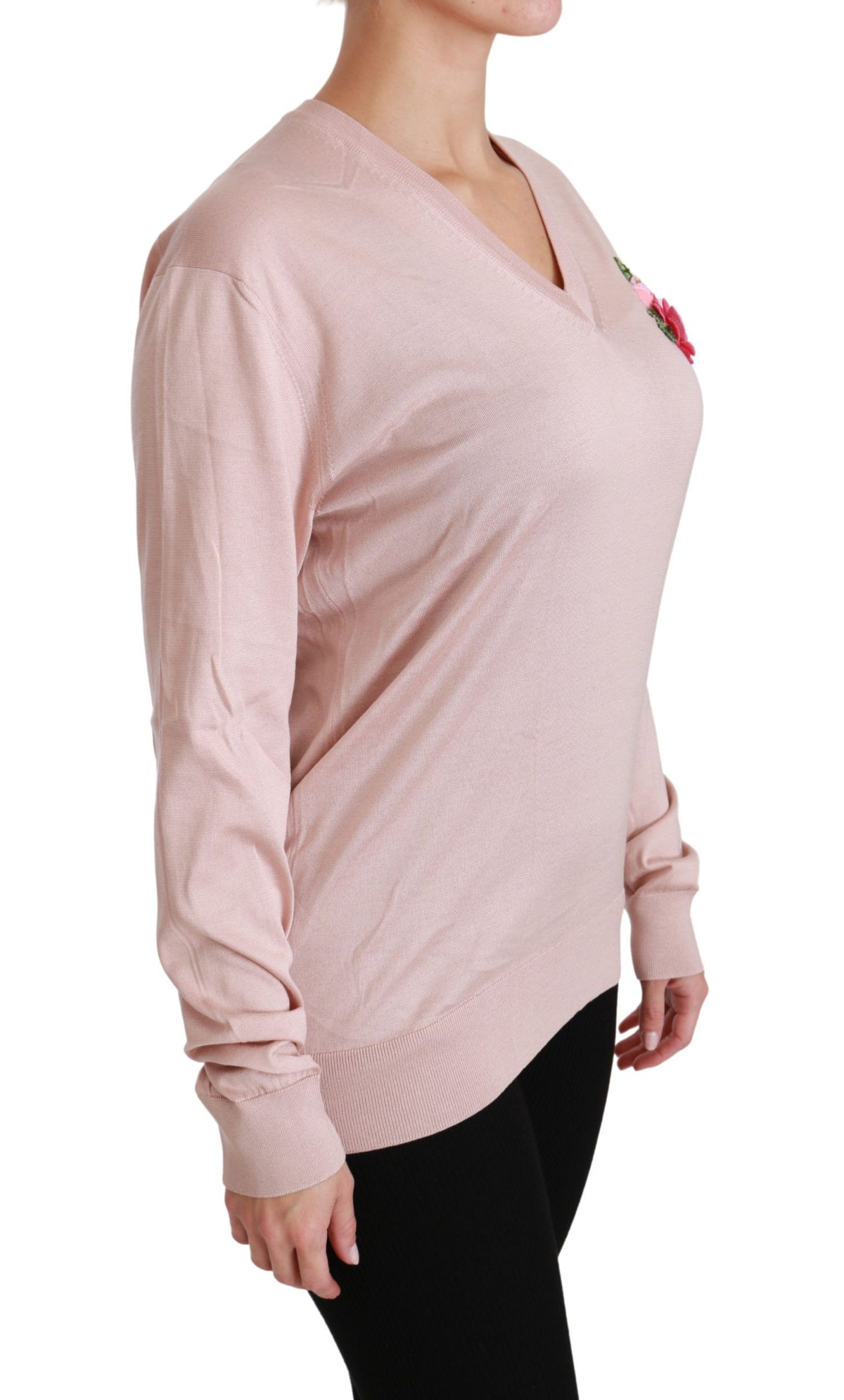 Dolce & Gabbana Pink Floral Embellished Pullover Silk Women's Sweater