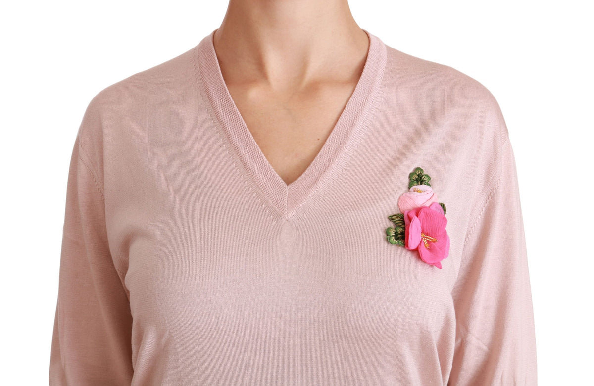 Dolce & Gabbana Pink Floral Embellished Pullover Silk Women's Sweater