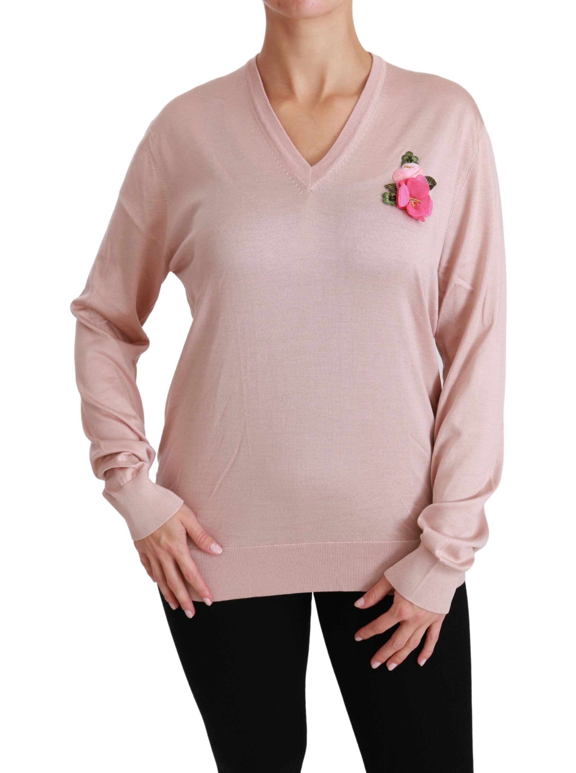 Dolce & Gabbana Pink Floral Silk V-Neck Women's Sweater