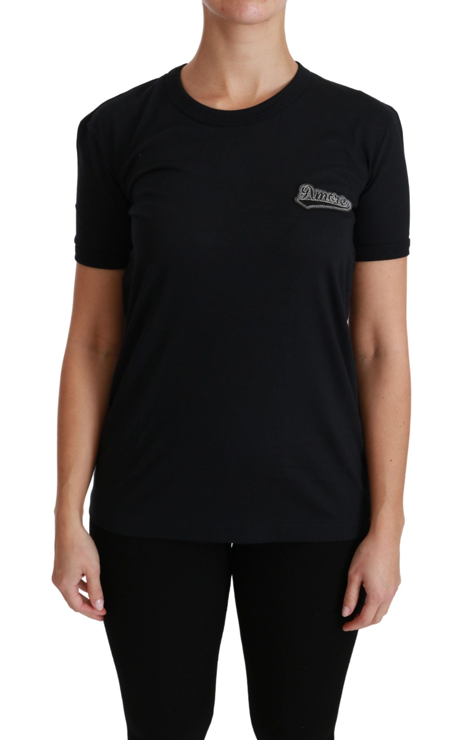 Dolce & Gabbana Blue Amore Patch Crewneck Cotton Top Women's T-shirt