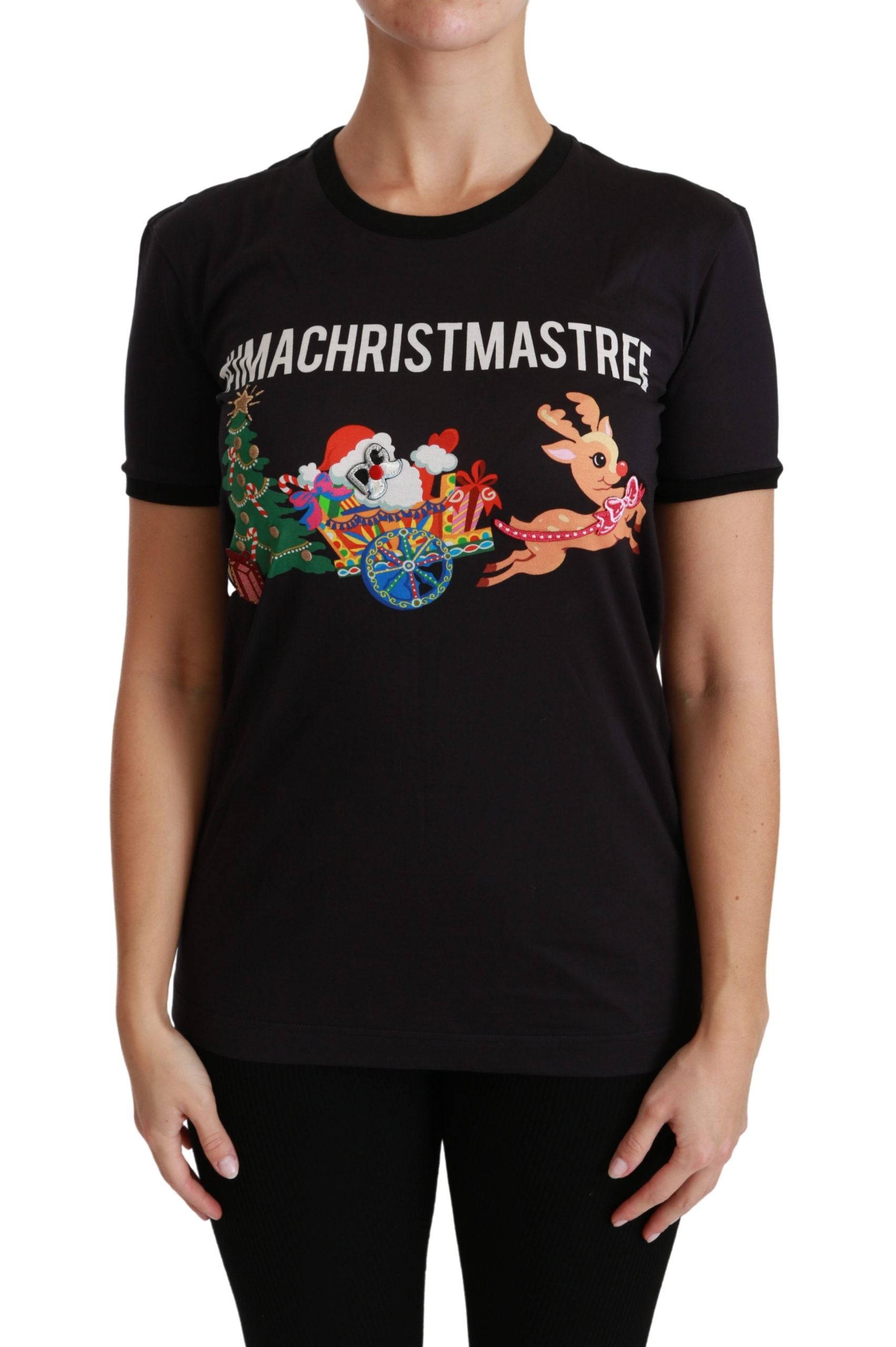 Dolce & Gabbana Black Cotton Crewneck Tee with Unique Women's Print