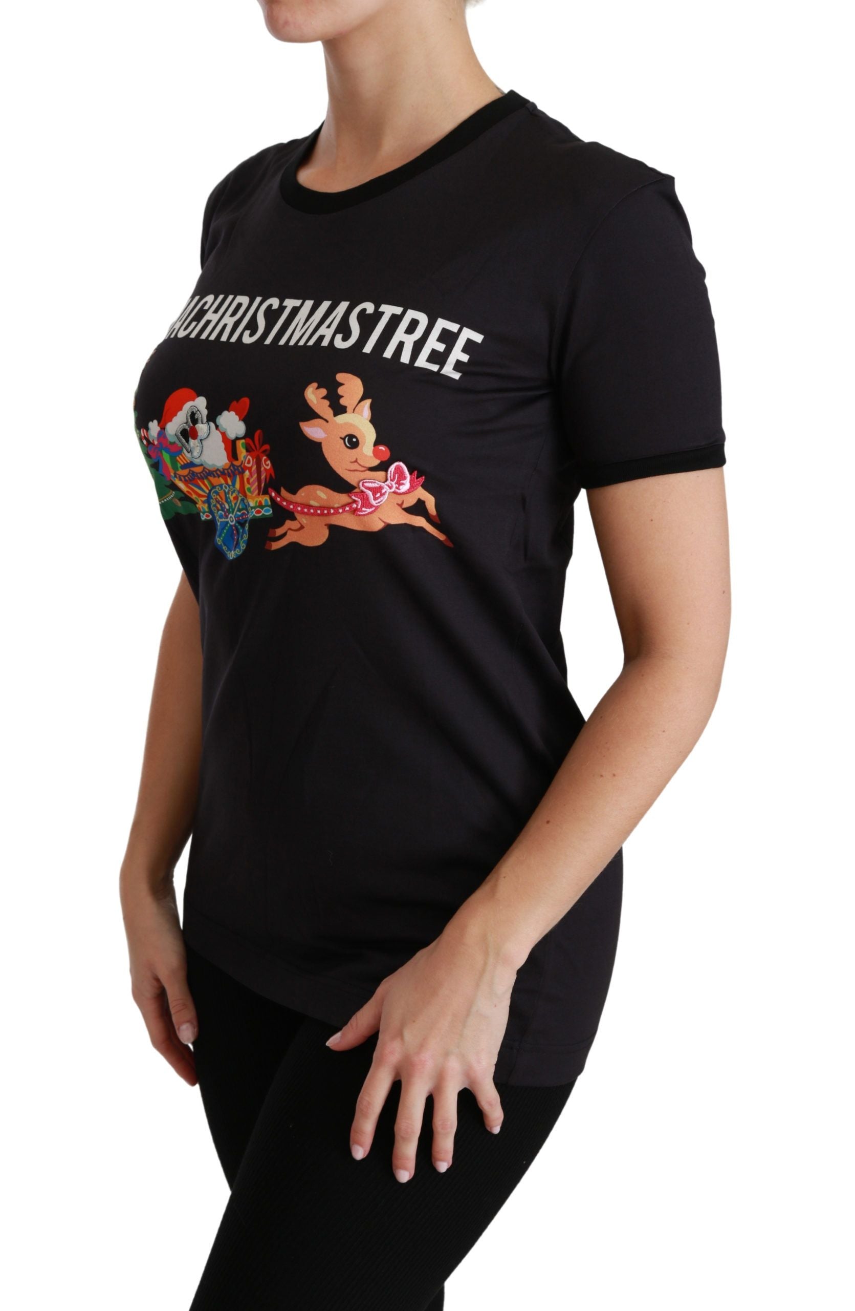 Dolce & Gabbana Black Cotton Crewneck Tee with Unique Women's Print