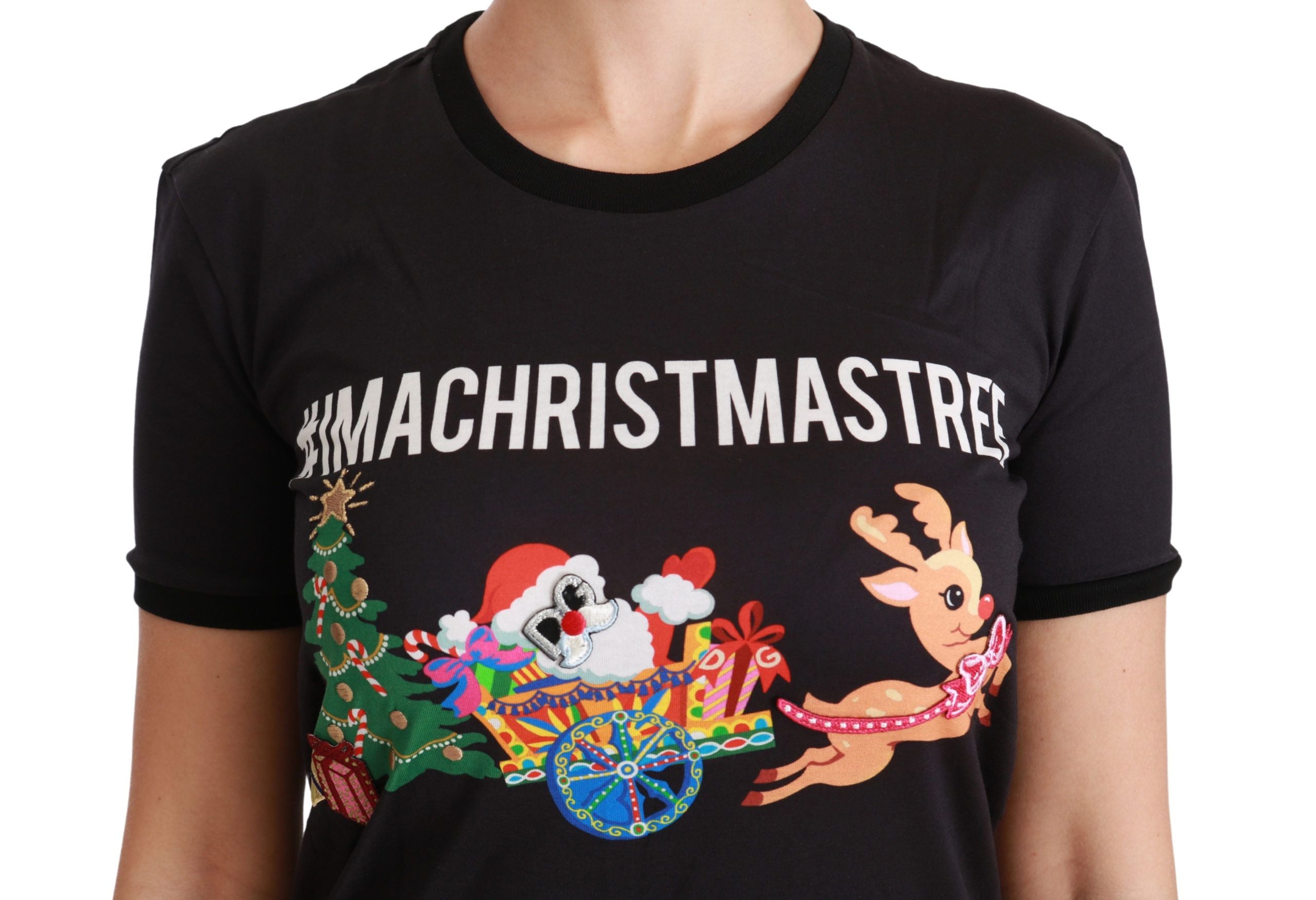 Dolce & Gabbana Black Cotton Crewneck Tee with Unique Women's Print