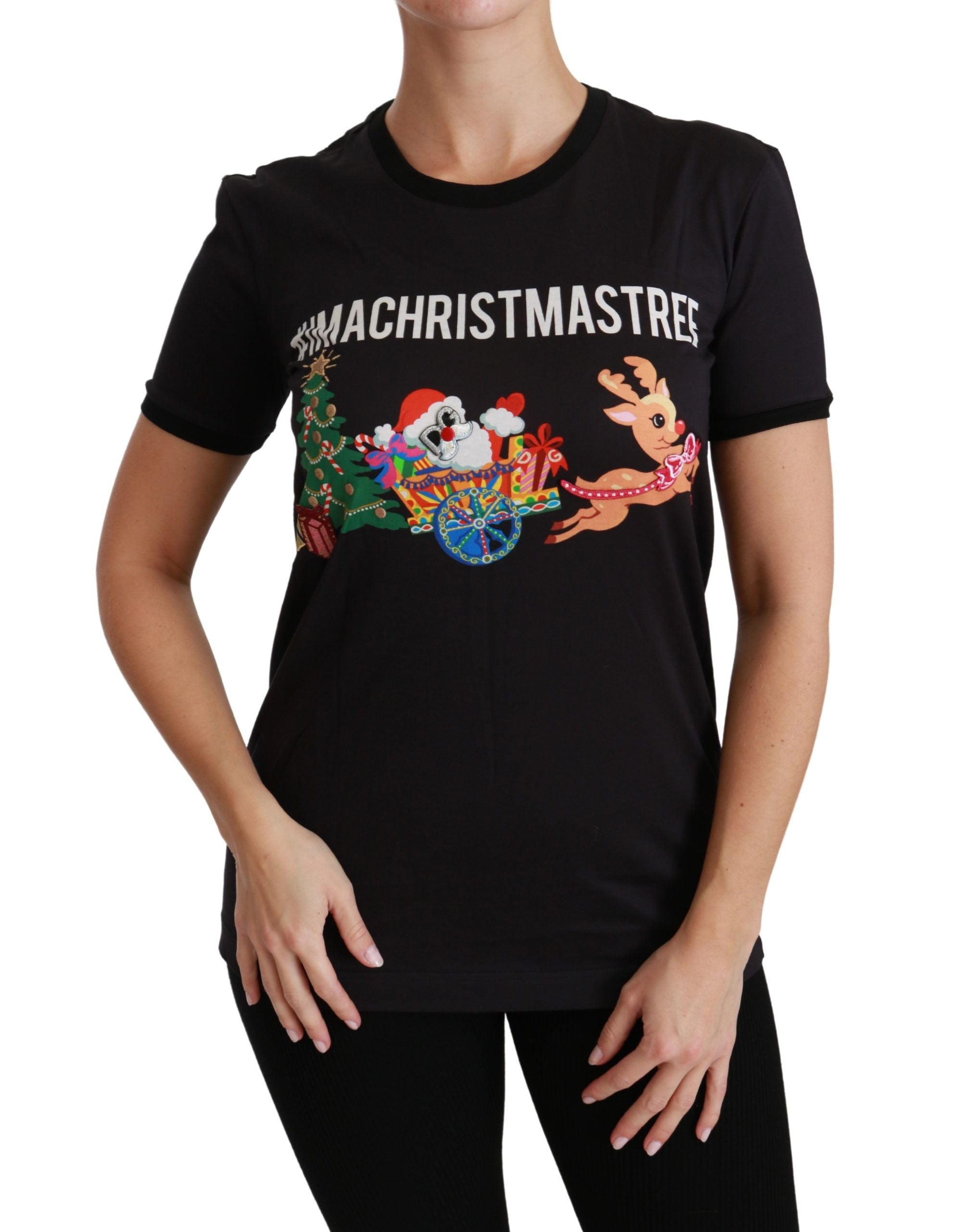Dolce & Gabbana Black Cotton Crewneck Tee with Unique Women's Print