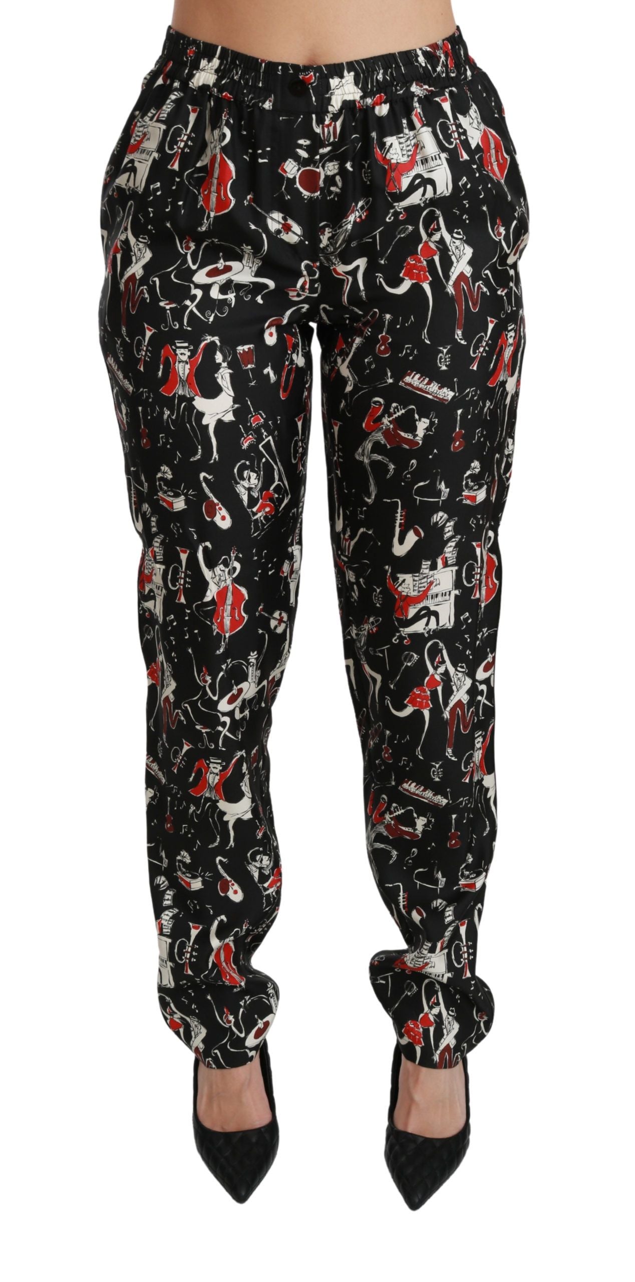 Dolce & Gabbana Black Silk Instrument Mid Waist Women's Pants