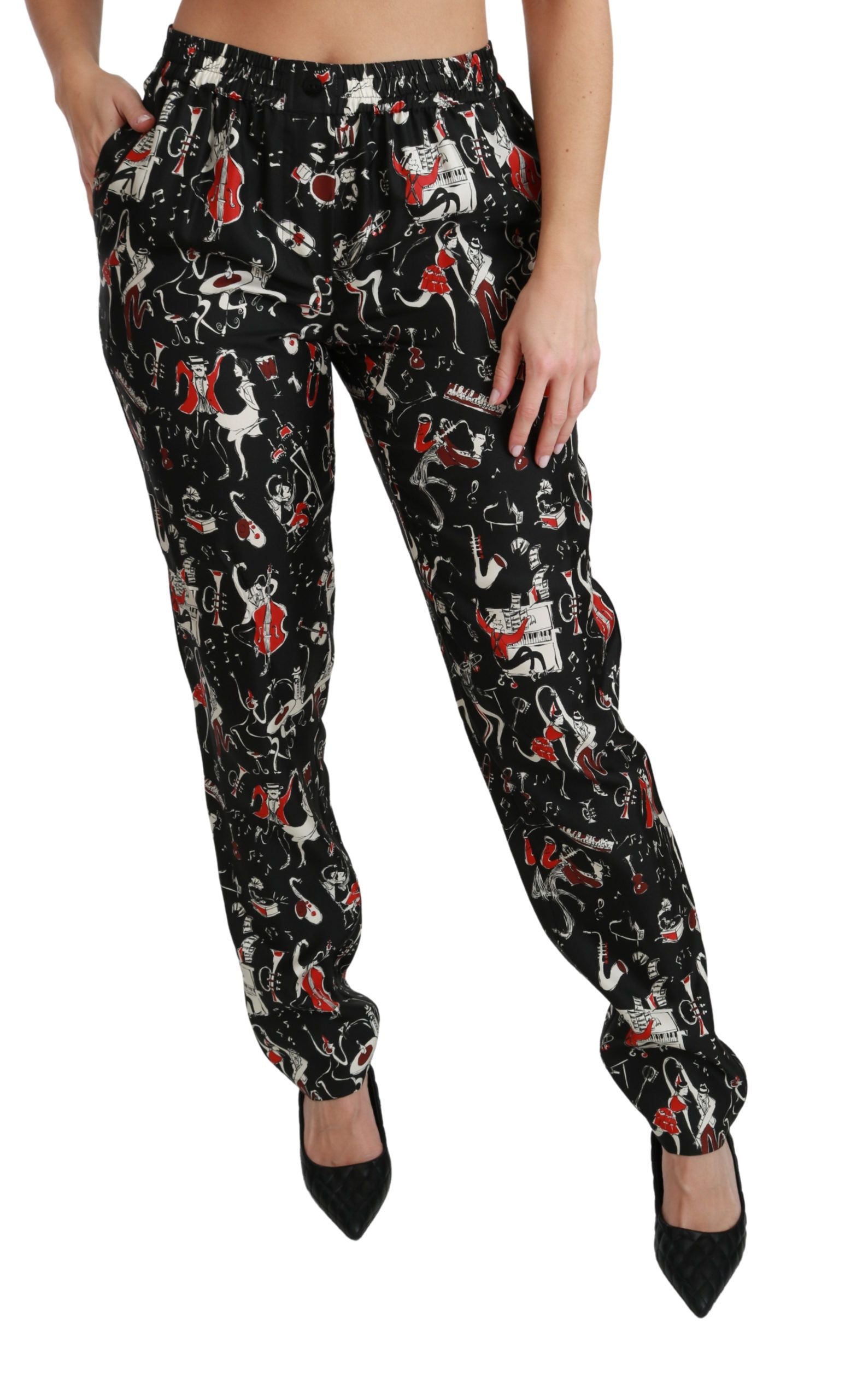 Dolce & Gabbana Black Silk Instrument Mid Waist Women's Pants