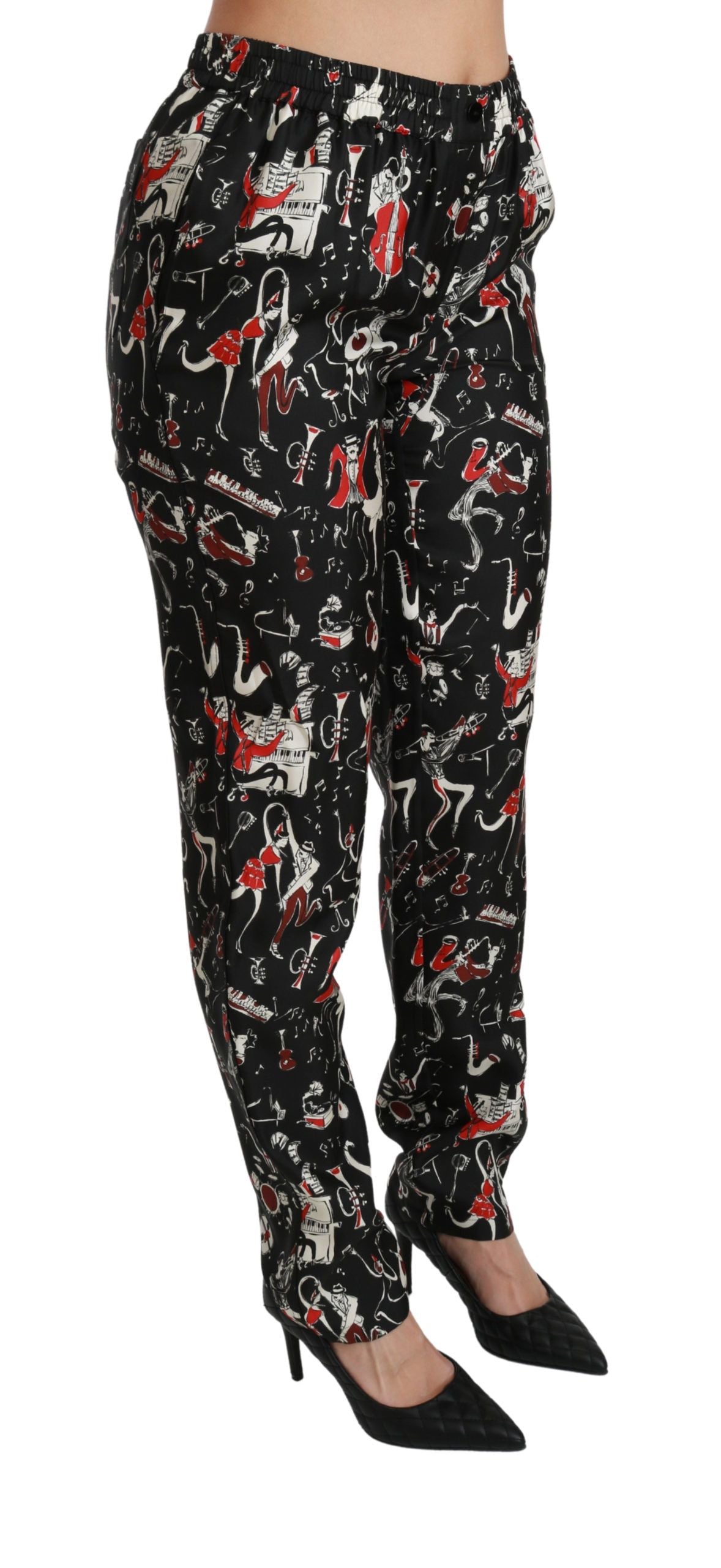 Dolce & Gabbana Black Silk Instrument Mid Waist Women's Pants