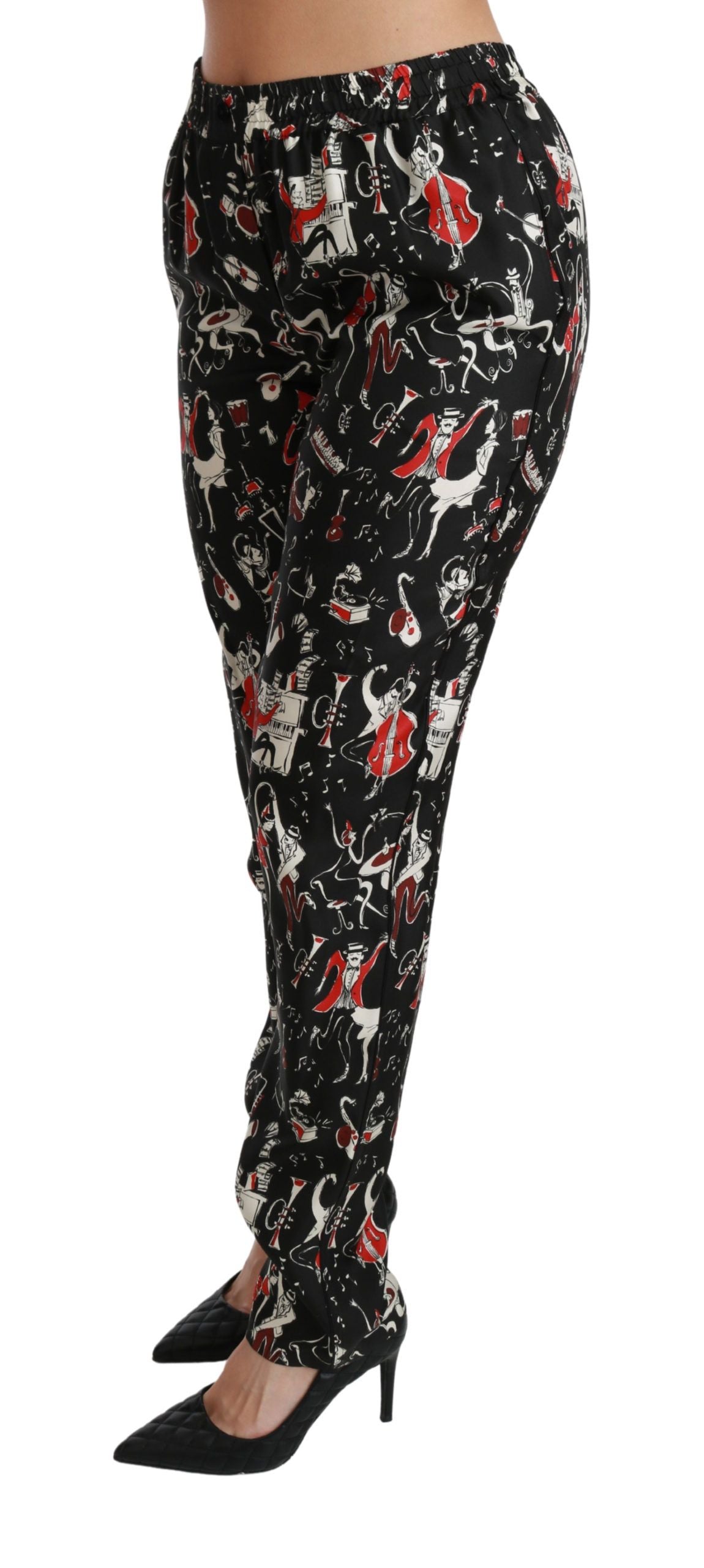 Dolce & Gabbana Black Silk Instrument Mid Waist Women's Pants