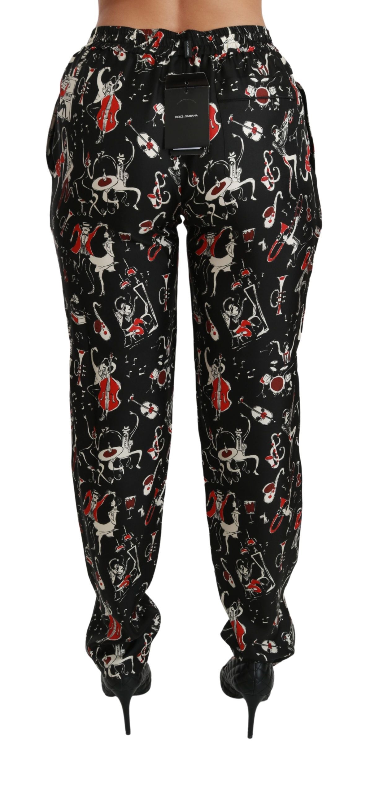 Dolce & Gabbana Black Silk Instrument Mid Waist Women's Pants