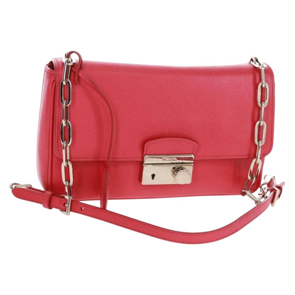 Prada Sound Chain Saffiano Leather Red Leather Shoulder Bag Bag (Pre-Owned)