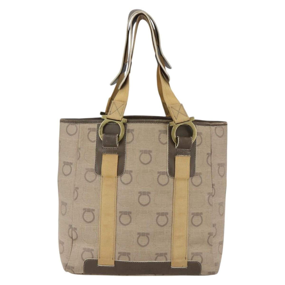 Salvatore Ferragamo Gancini Canvas Beige Canvas Handbag (Pre-Owned)