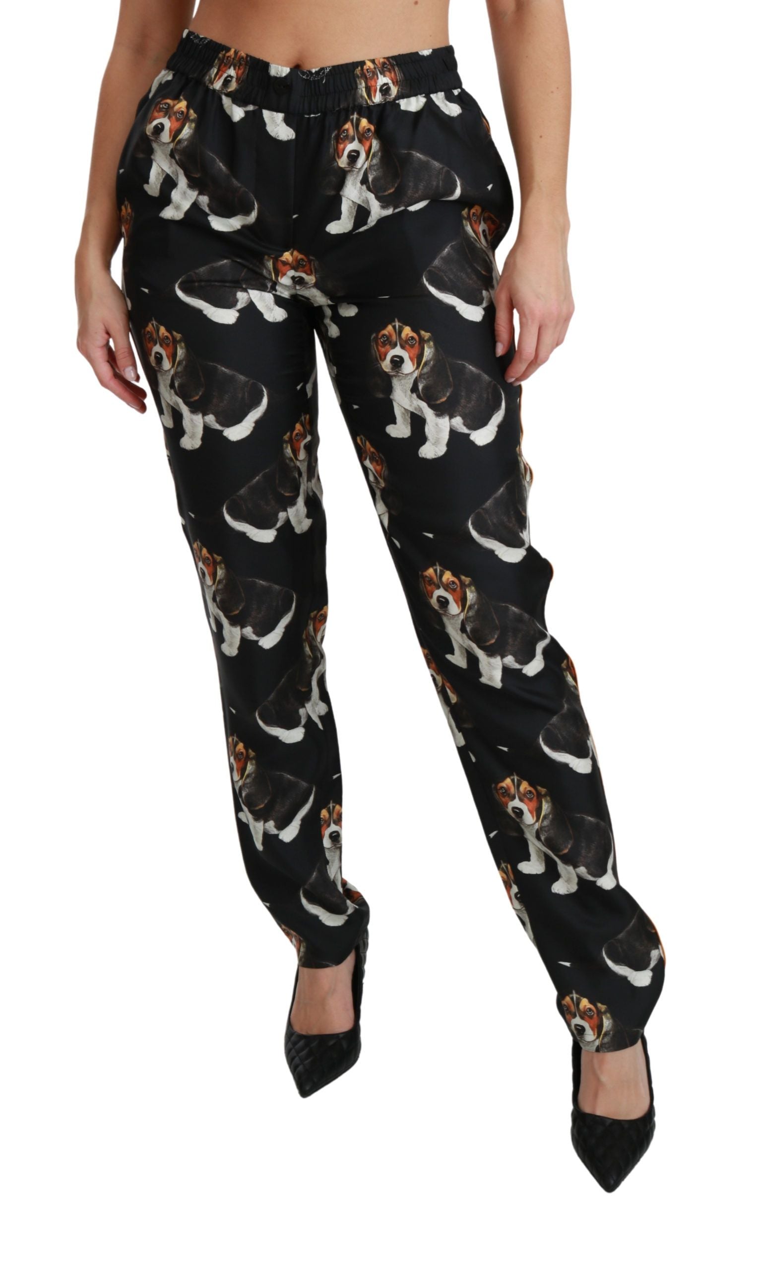 Dolce & Gabbana Elegant Silk Puppy Dog Print Women's Pants