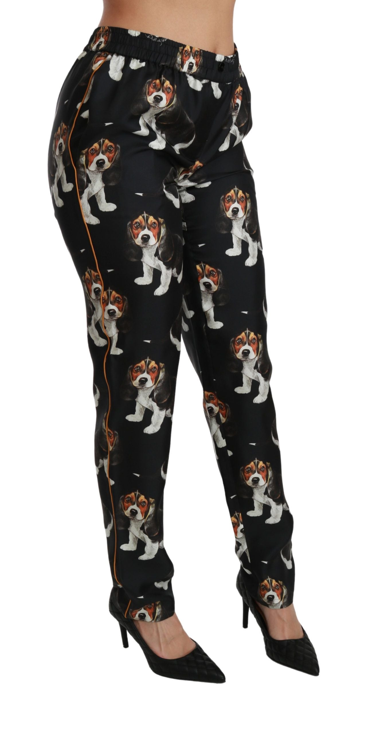 Dolce & Gabbana Elegant Silk Puppy Dog Print Women's Pants