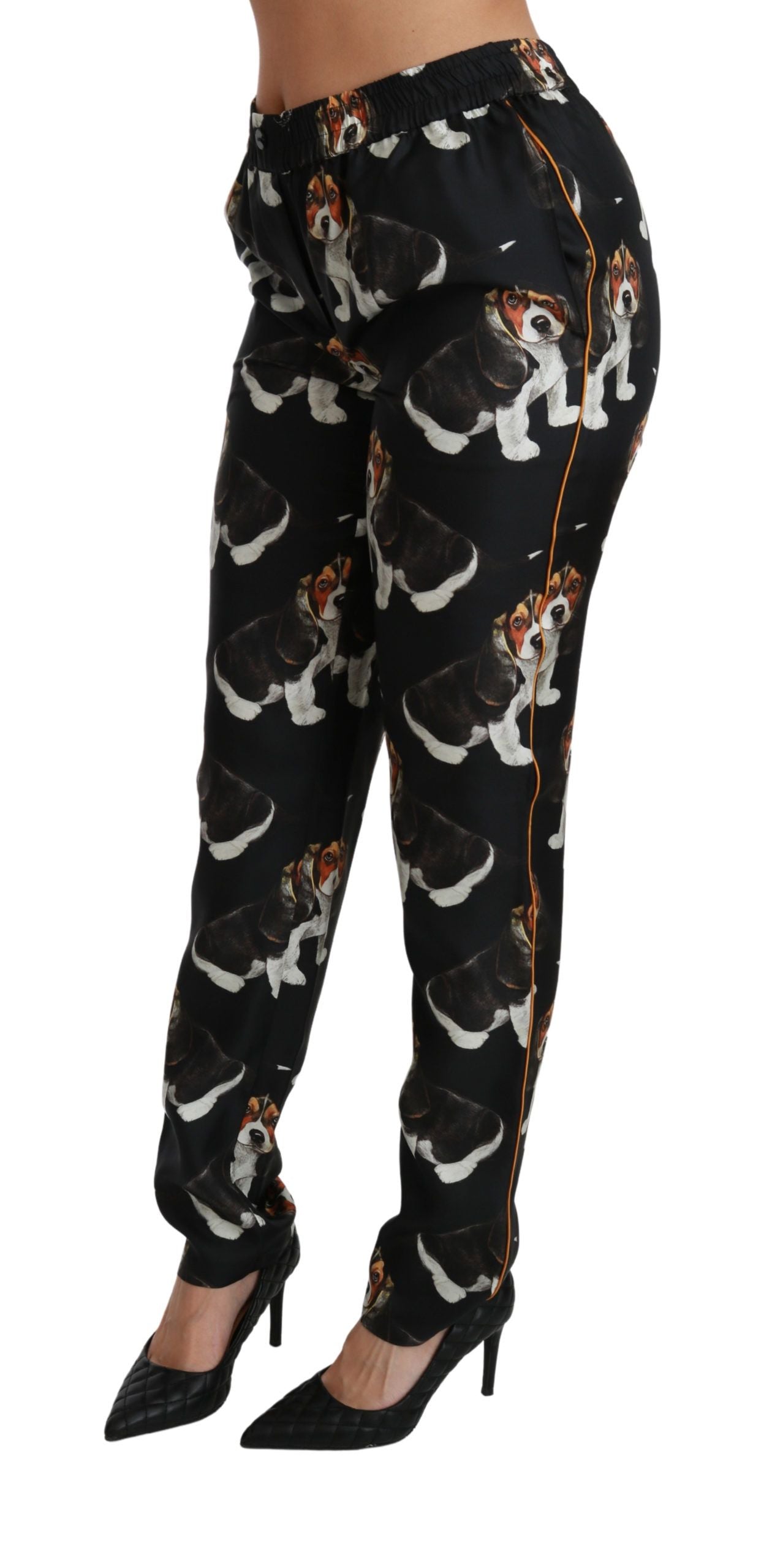 Dolce & Gabbana Elegant Silk Puppy Dog Print Women's Pants