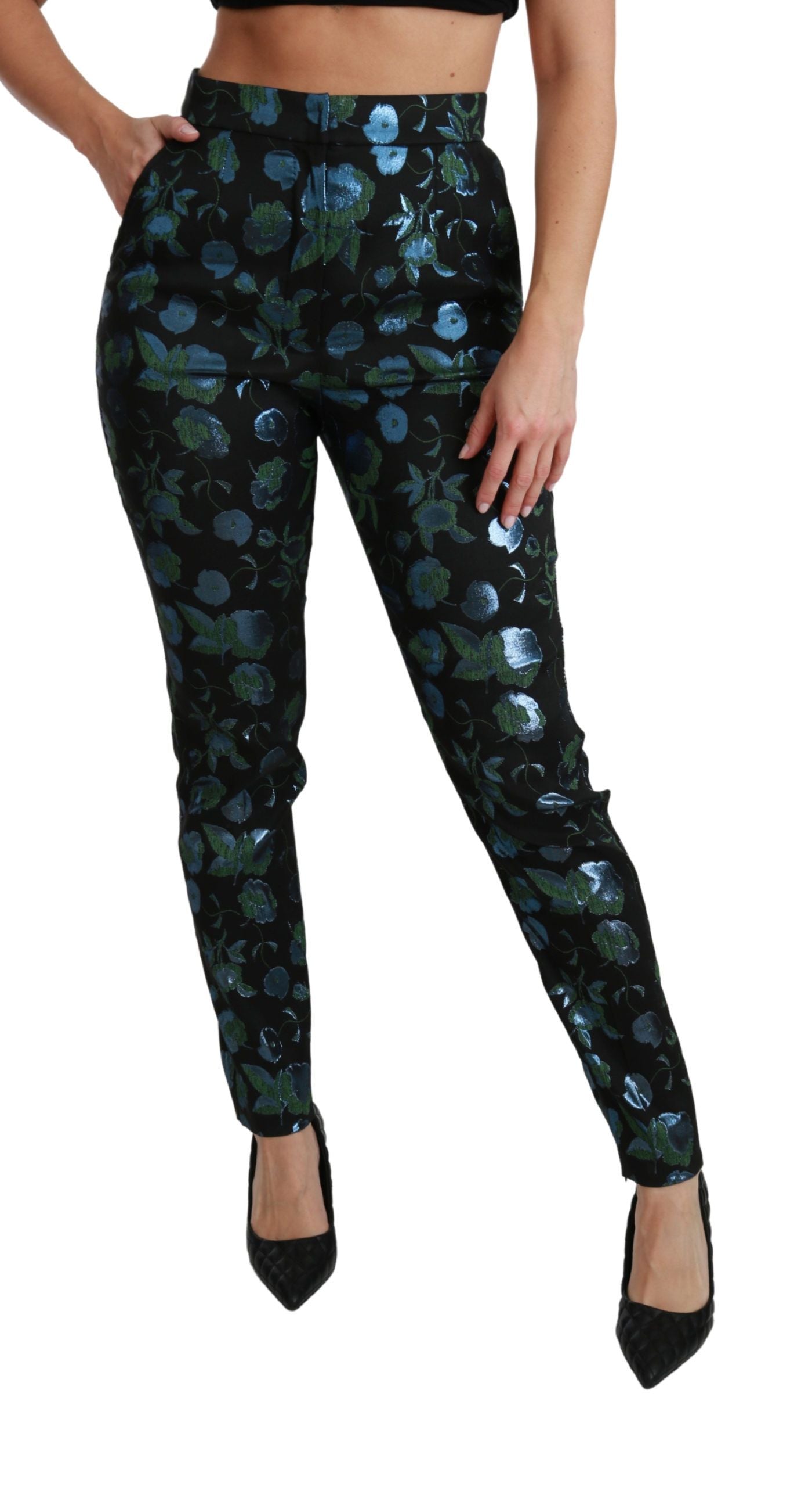 Dolce & Gabbana Blue Green Floral Metallic Slim Women's Pants