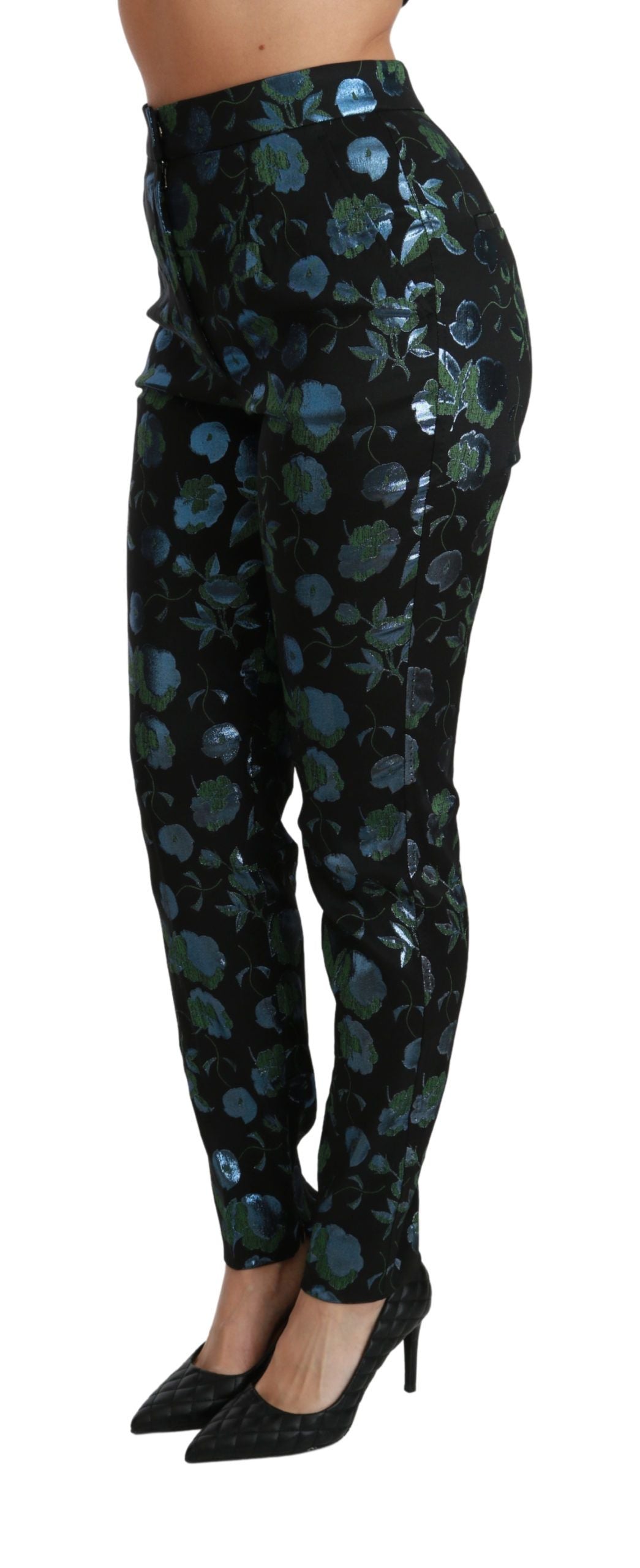 Dolce & Gabbana Blue Green Floral Metallic Slim Women's Pants