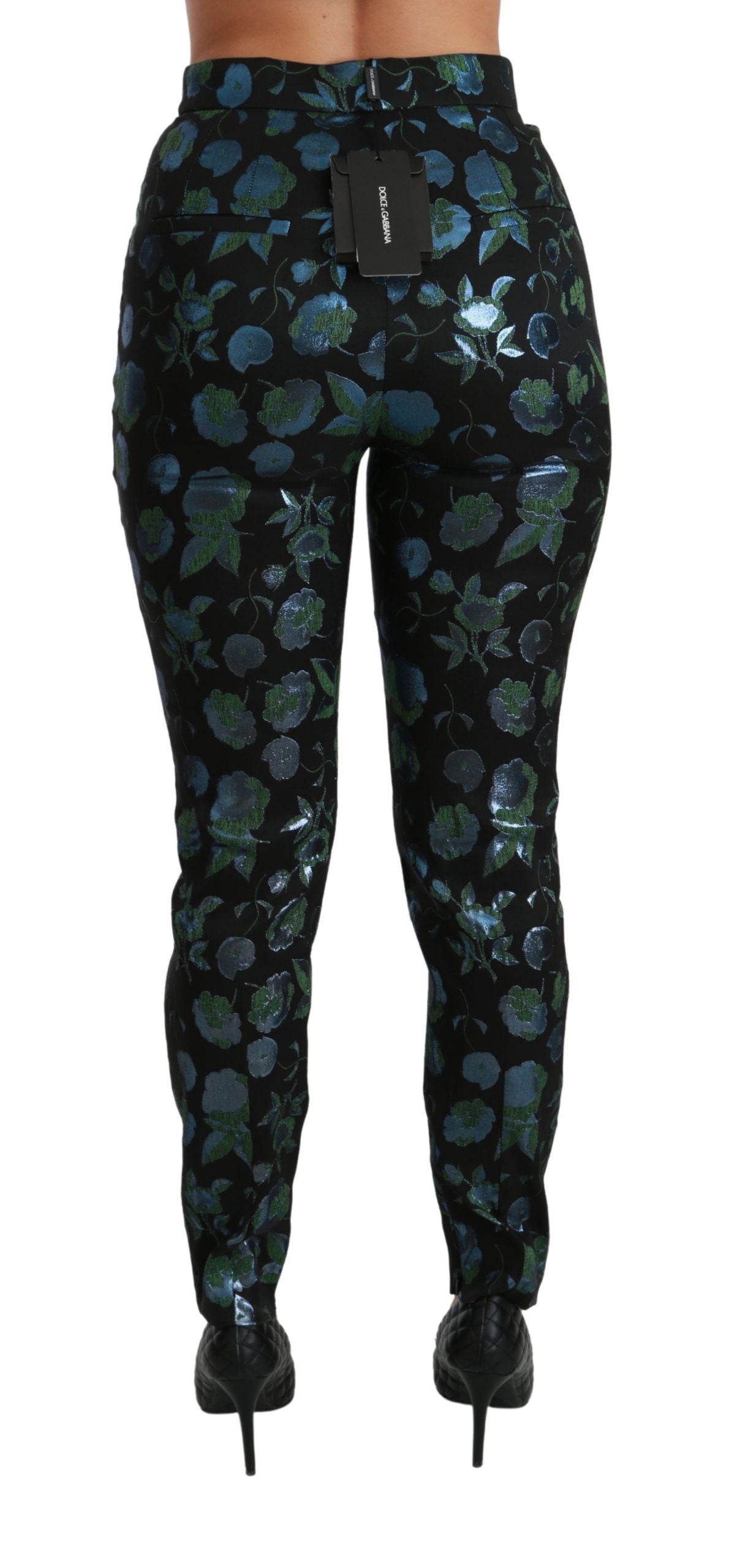 Dolce & Gabbana Blue Green Floral Metallic Slim Women's Pants