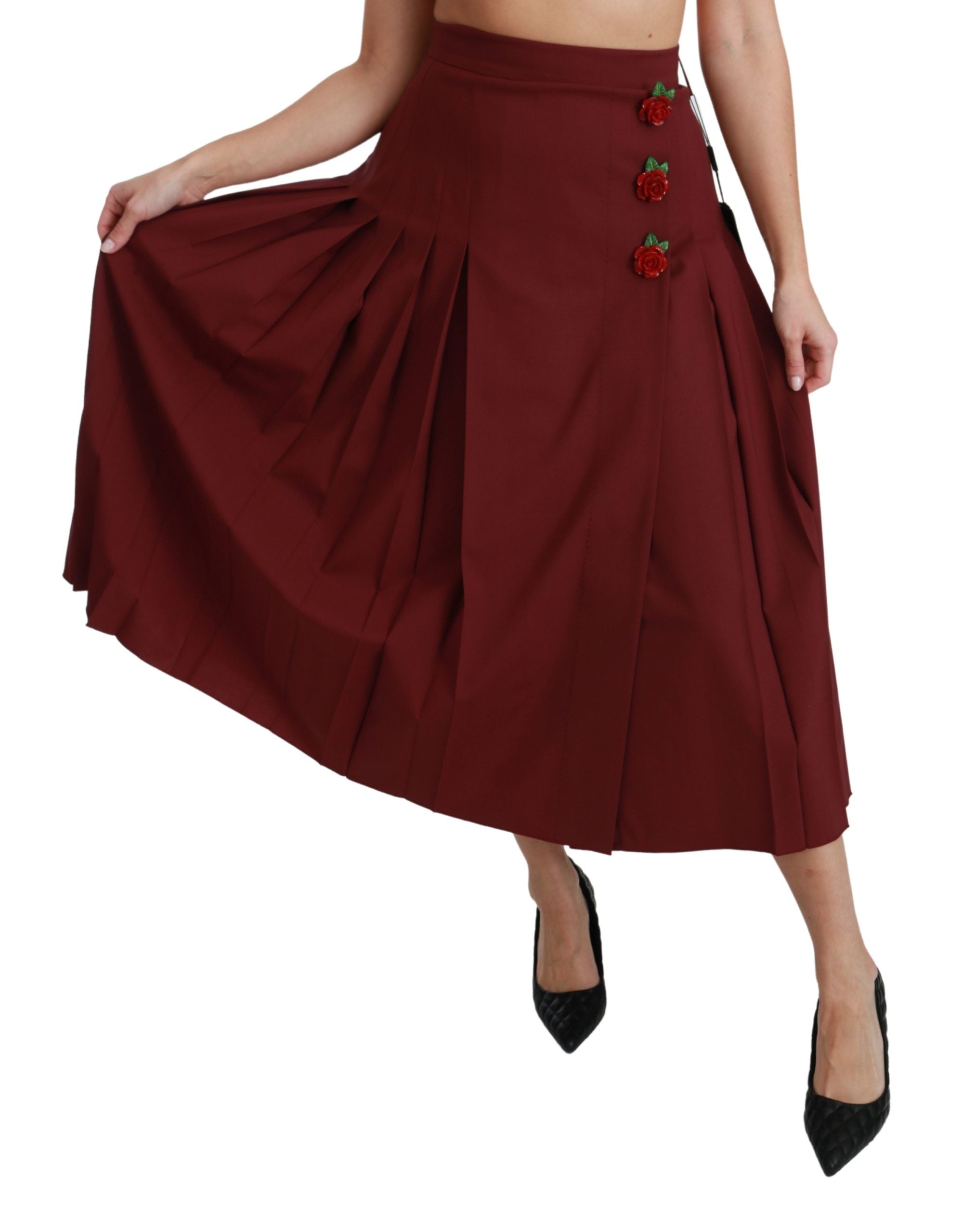 Dolce & Gabbana Red High Waist Pleated Maxi Wool Women's Skirt
