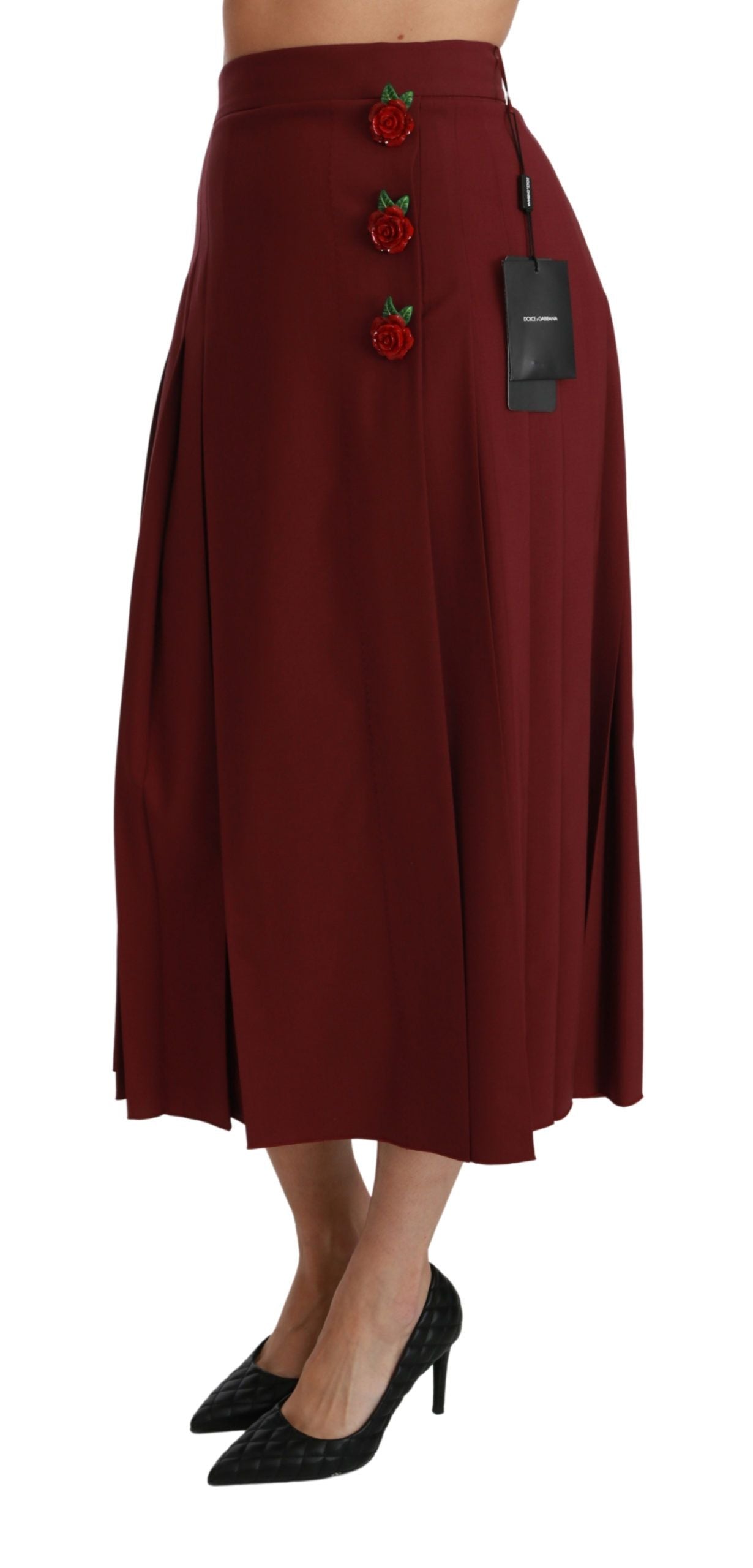 Dolce & Gabbana Red High Waist Pleated Maxi Wool Women's Skirt