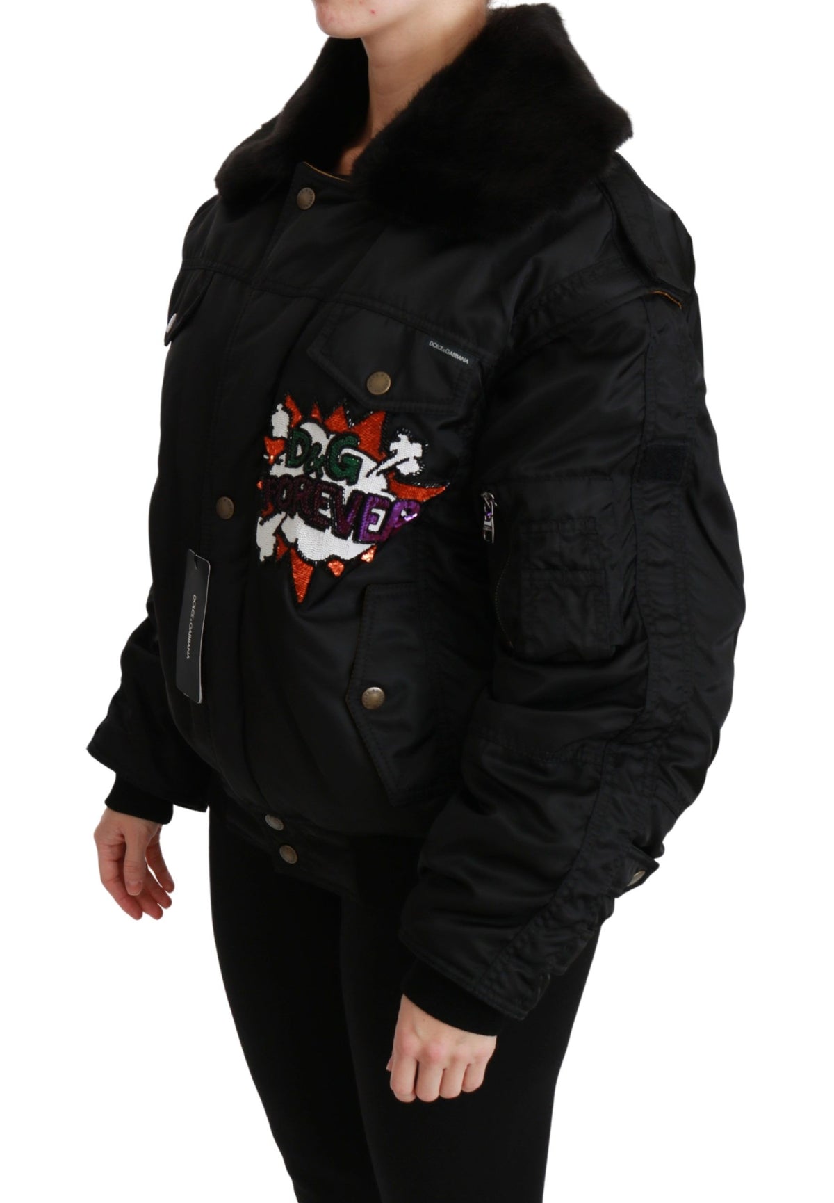Dolce & Gabbana Black Queen Crown Sequined Bomber Women's Jacket