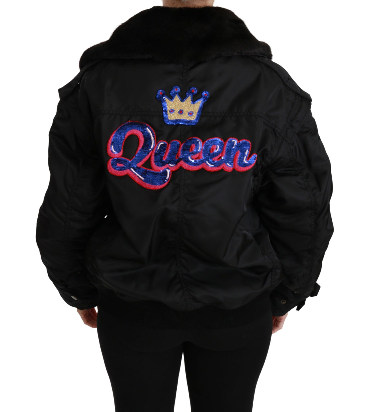 Dolce & Gabbana Black Queen Crown Sequined Bomber Women's Jacket