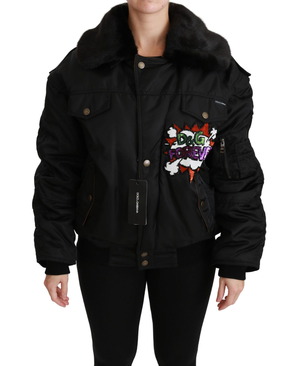 Dolce & Gabbana Black Queen Crown Sequined Bomber Women's Jacket