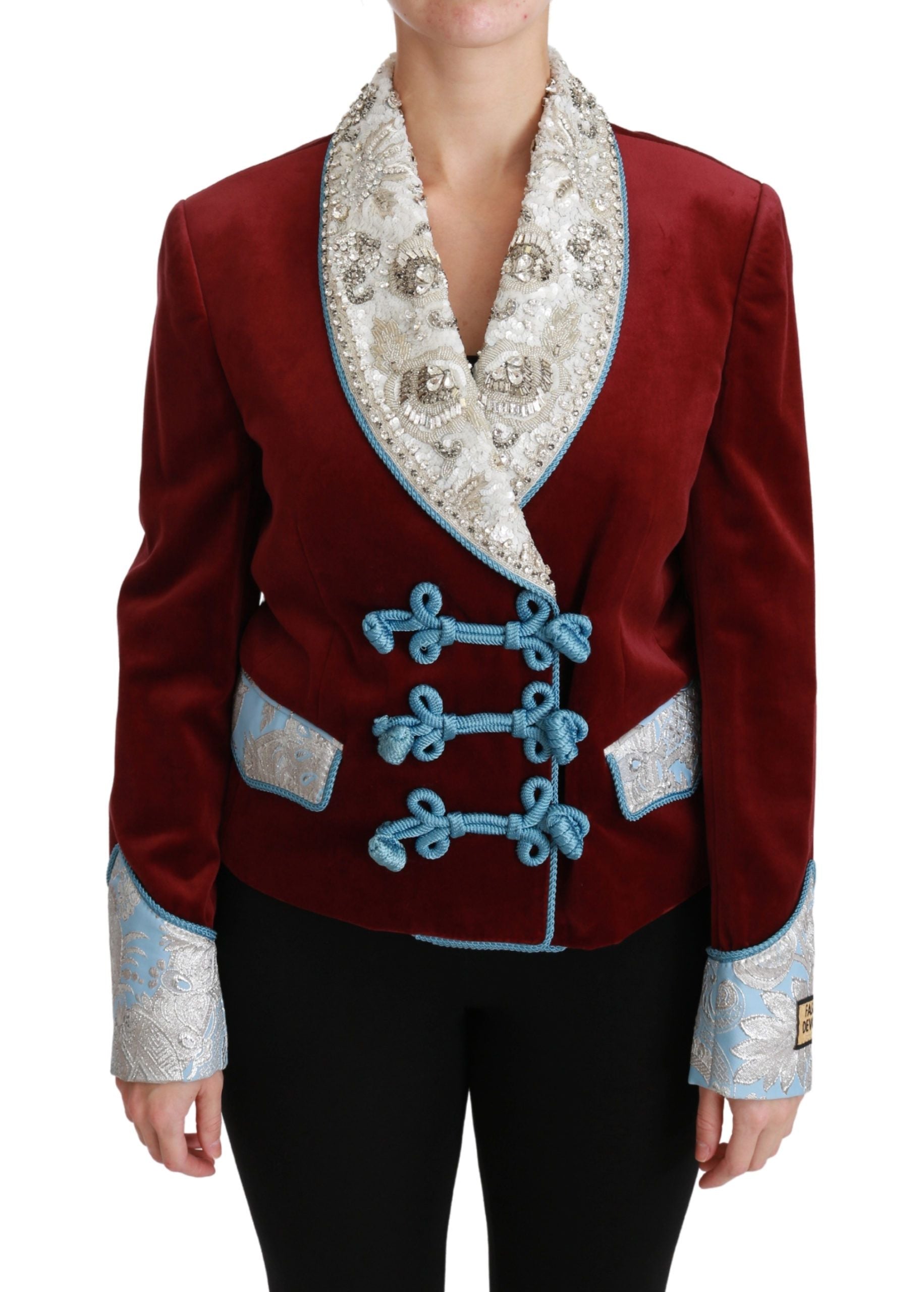 Dolce & Gabbana Red Velvet Baroque Crystal Blazer Women's Jacket
