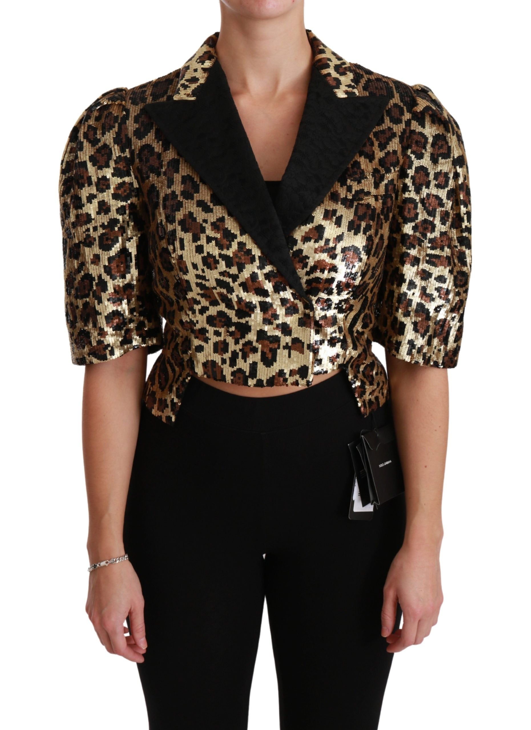 Dolce & Gabbana Gold Leopard Print Short Sleeve Women's Blazer