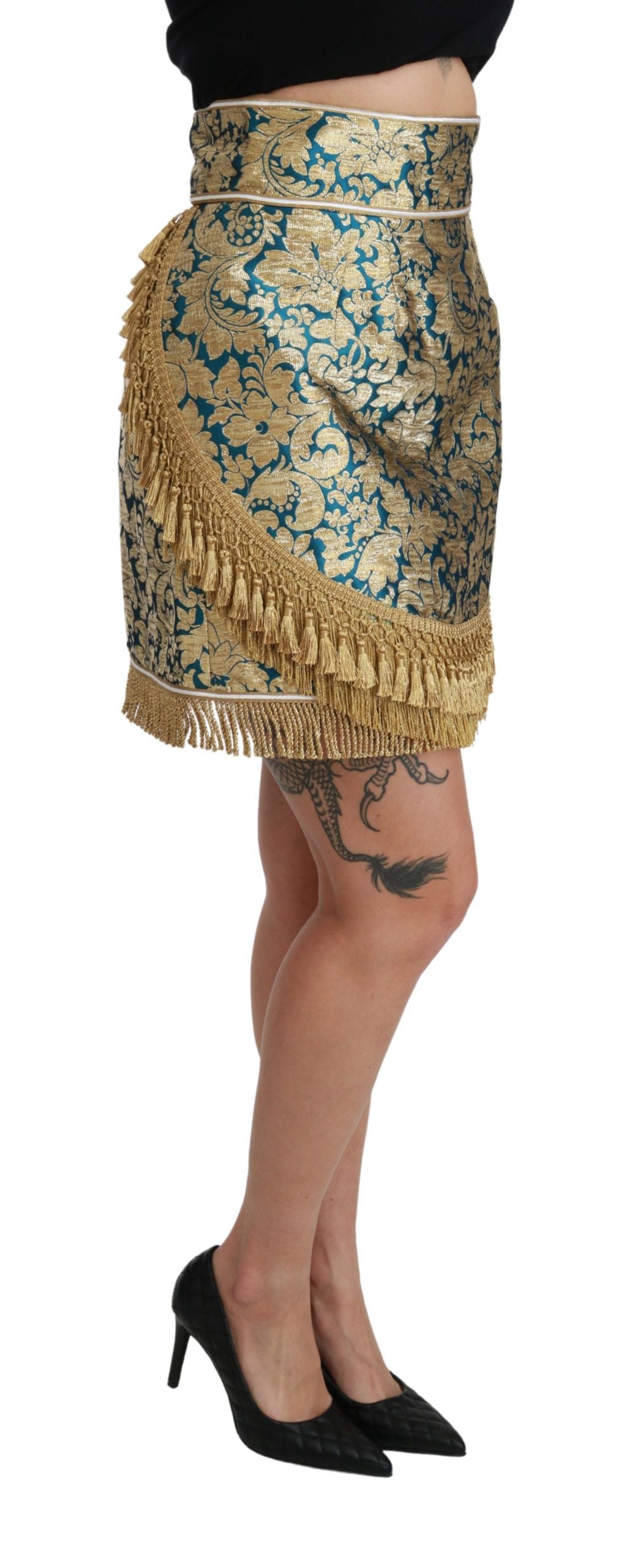 Dolce & Gabbana Blue High Waist Jacquard Tassel Gold Women's Skirt