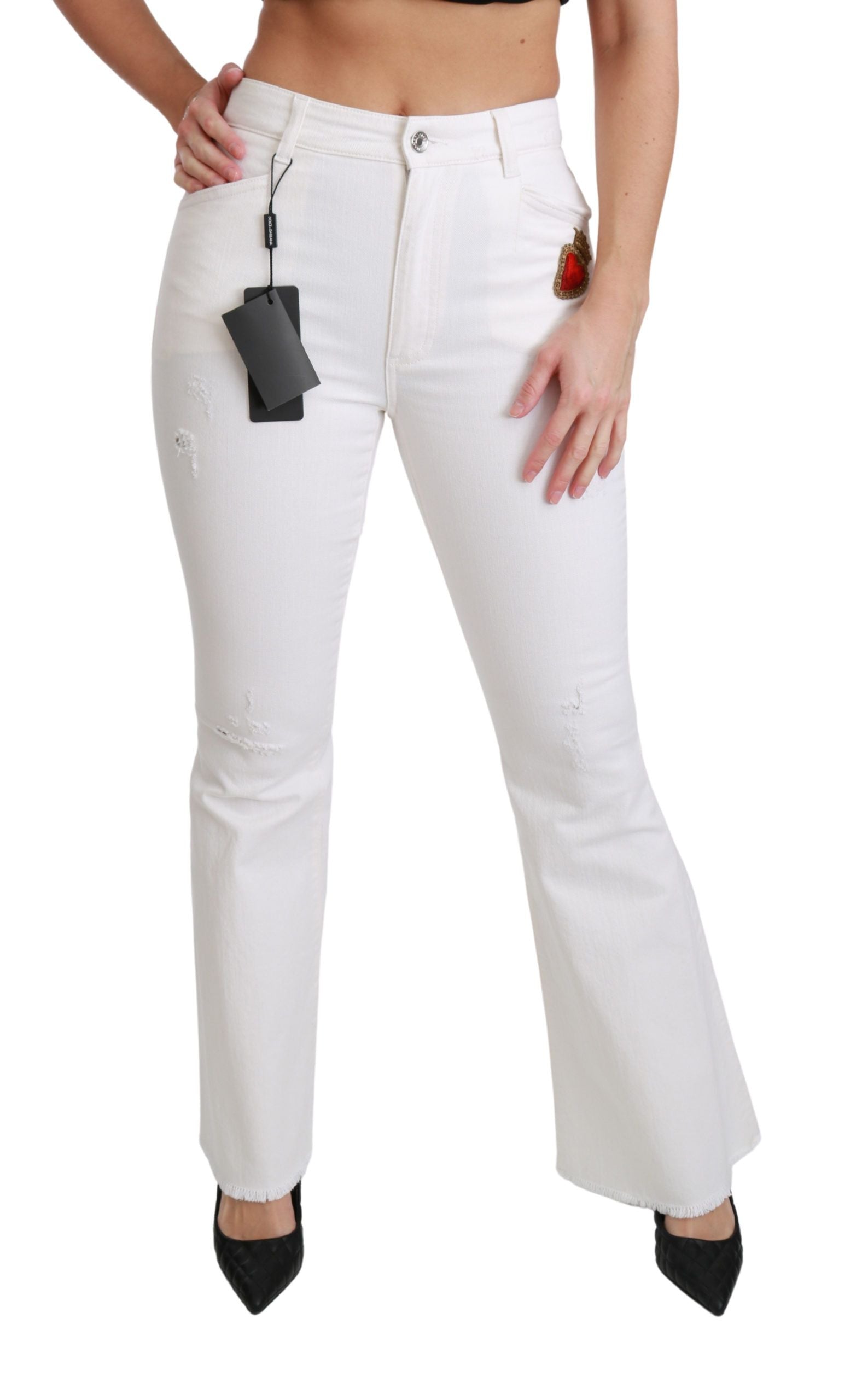 Dolce & Gabbana White Heart Flared Stretch Cotton Women's Pants