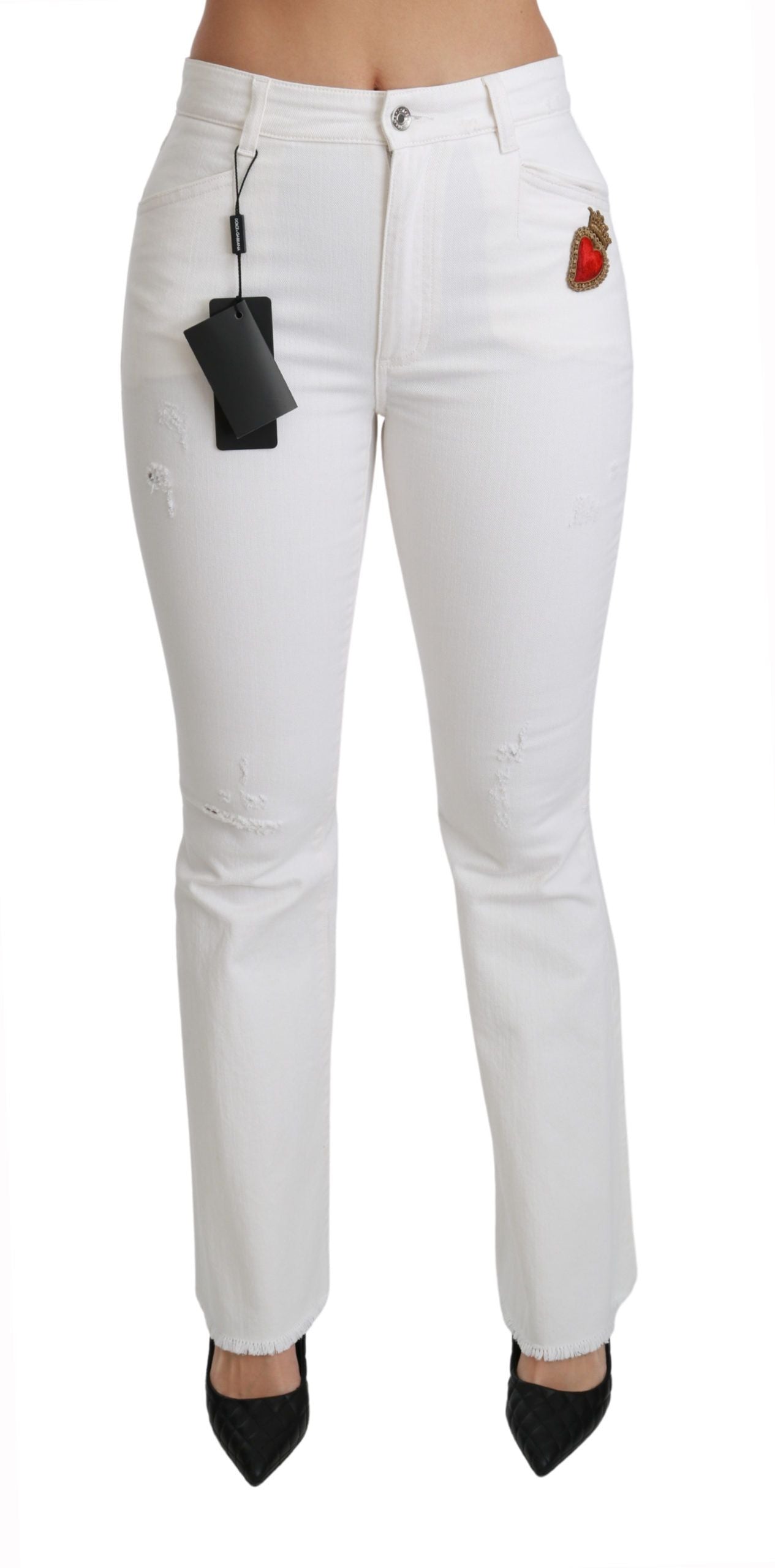 Dolce & Gabbana White Heart Flared Stretch Cotton Women's Pants