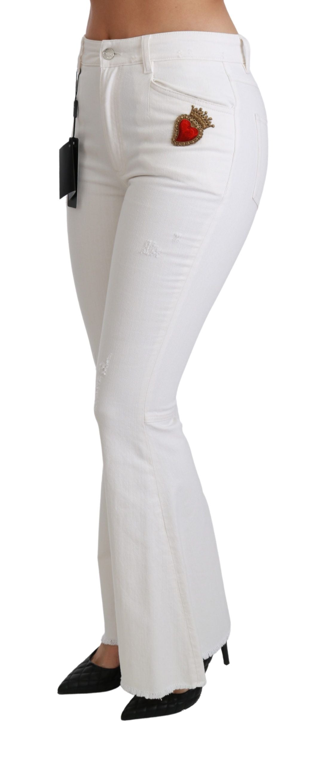 Dolce & Gabbana White Heart Flared Stretch Cotton Women's Pants