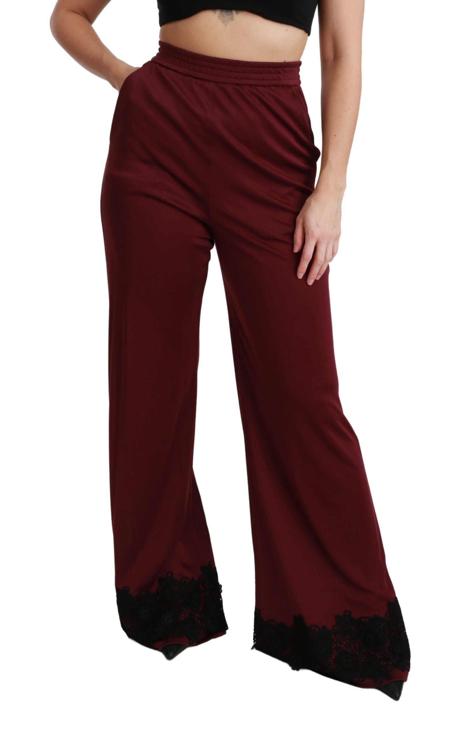 Dolce & Gabbana Black Lace High Waist Wide Leg Maroon Women's Pants