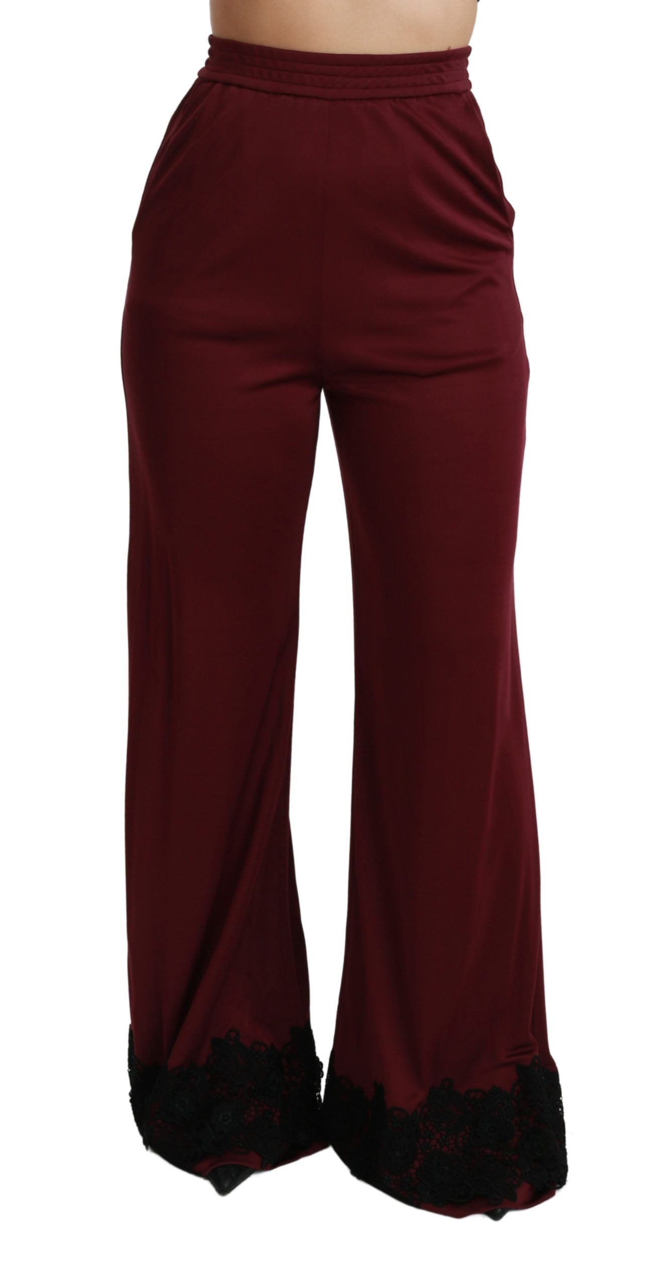 Dolce & Gabbana Black Lace High Waist Wide Leg Maroon Women's Pants