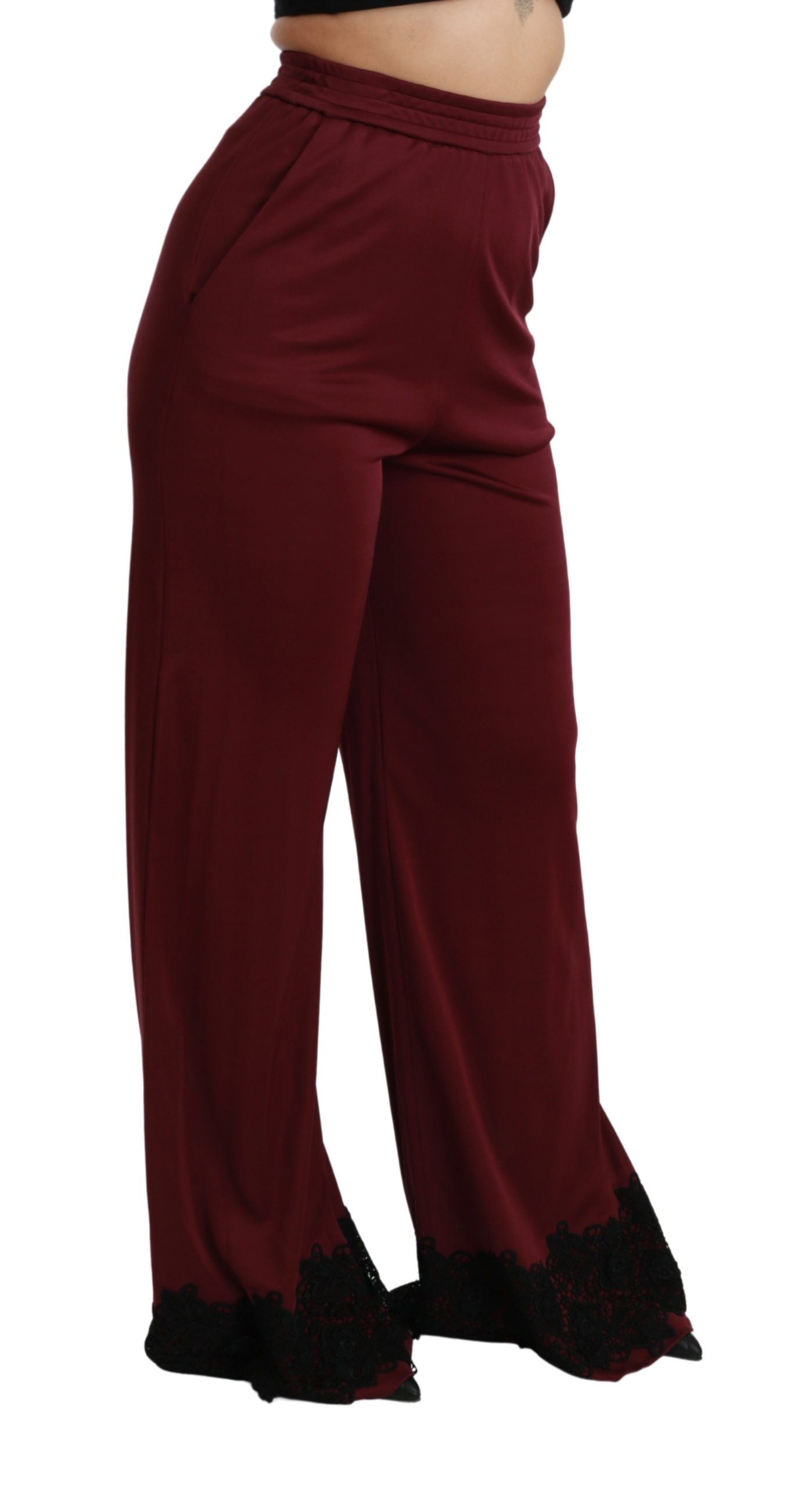 Dolce & Gabbana Black Lace High Waist Wide Leg Maroon Women's Pants