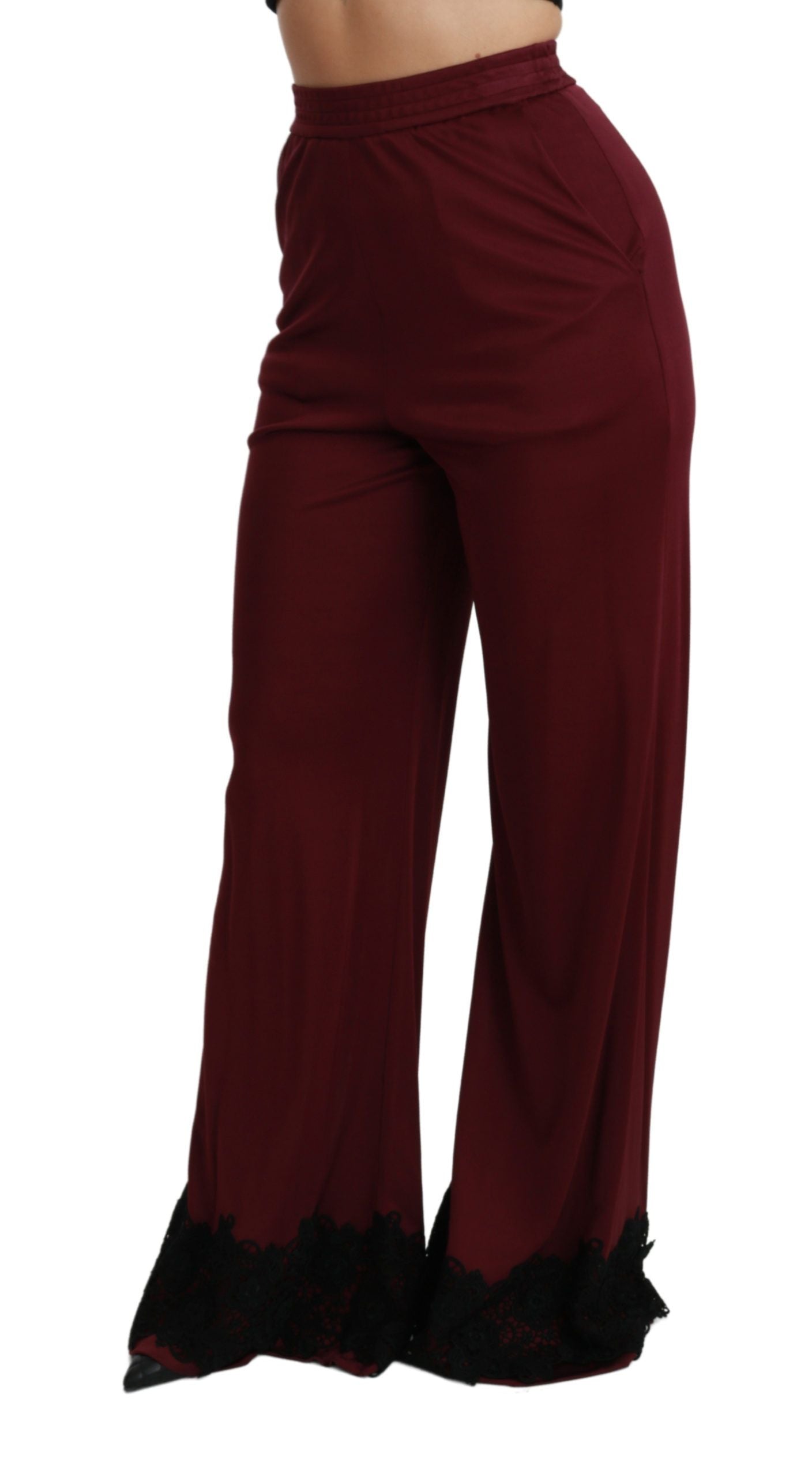 Dolce & Gabbana Black Lace High Waist Wide Leg Maroon Women's Pants