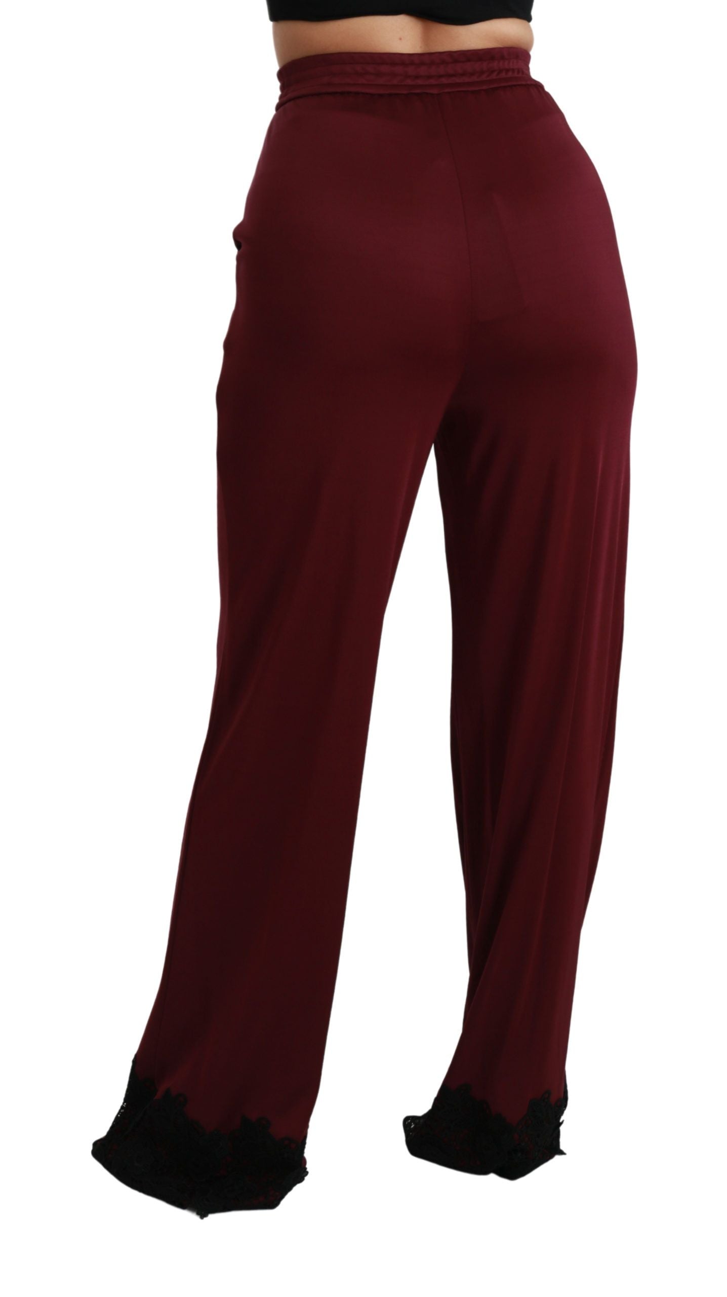 Dolce & Gabbana Black Lace High Waist Wide Leg Maroon Women's Pants
